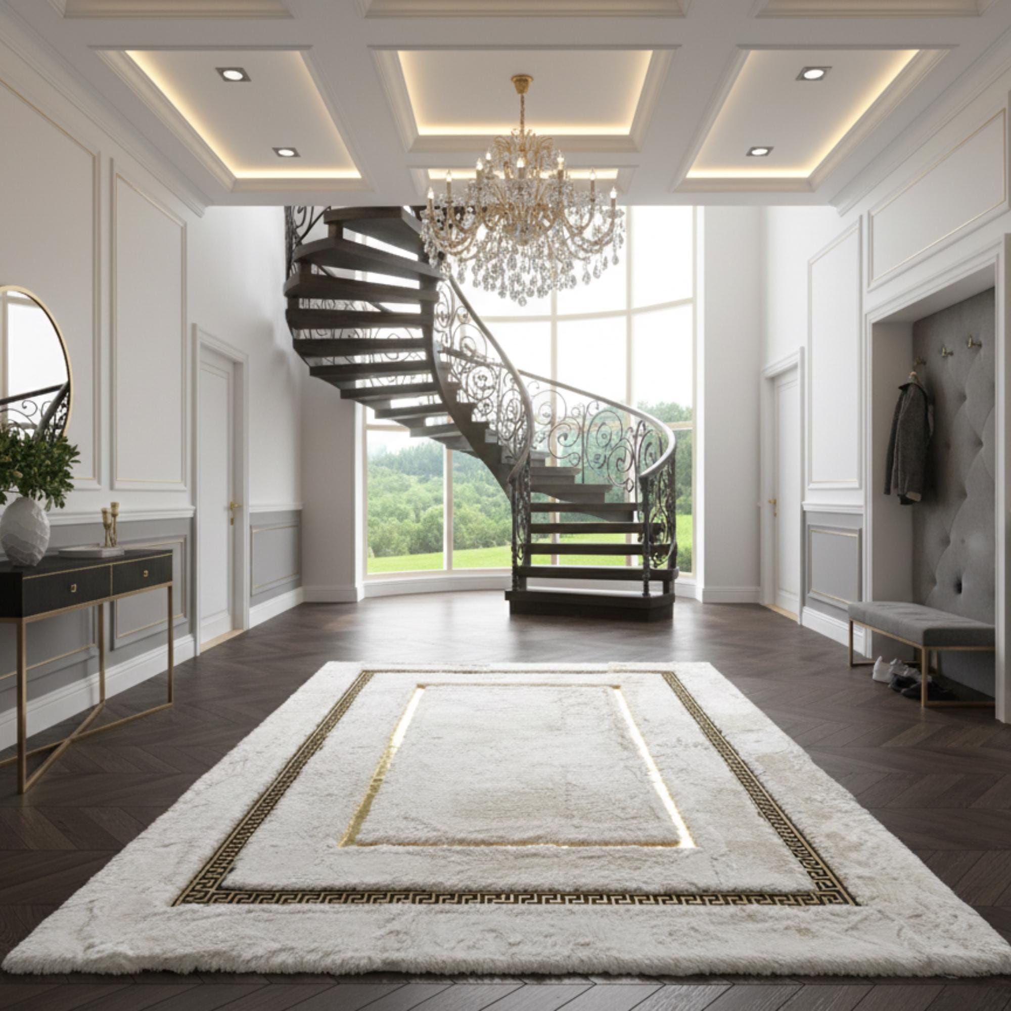 White and Gold Plush Rug, Geometric Meander Border Area Rug,