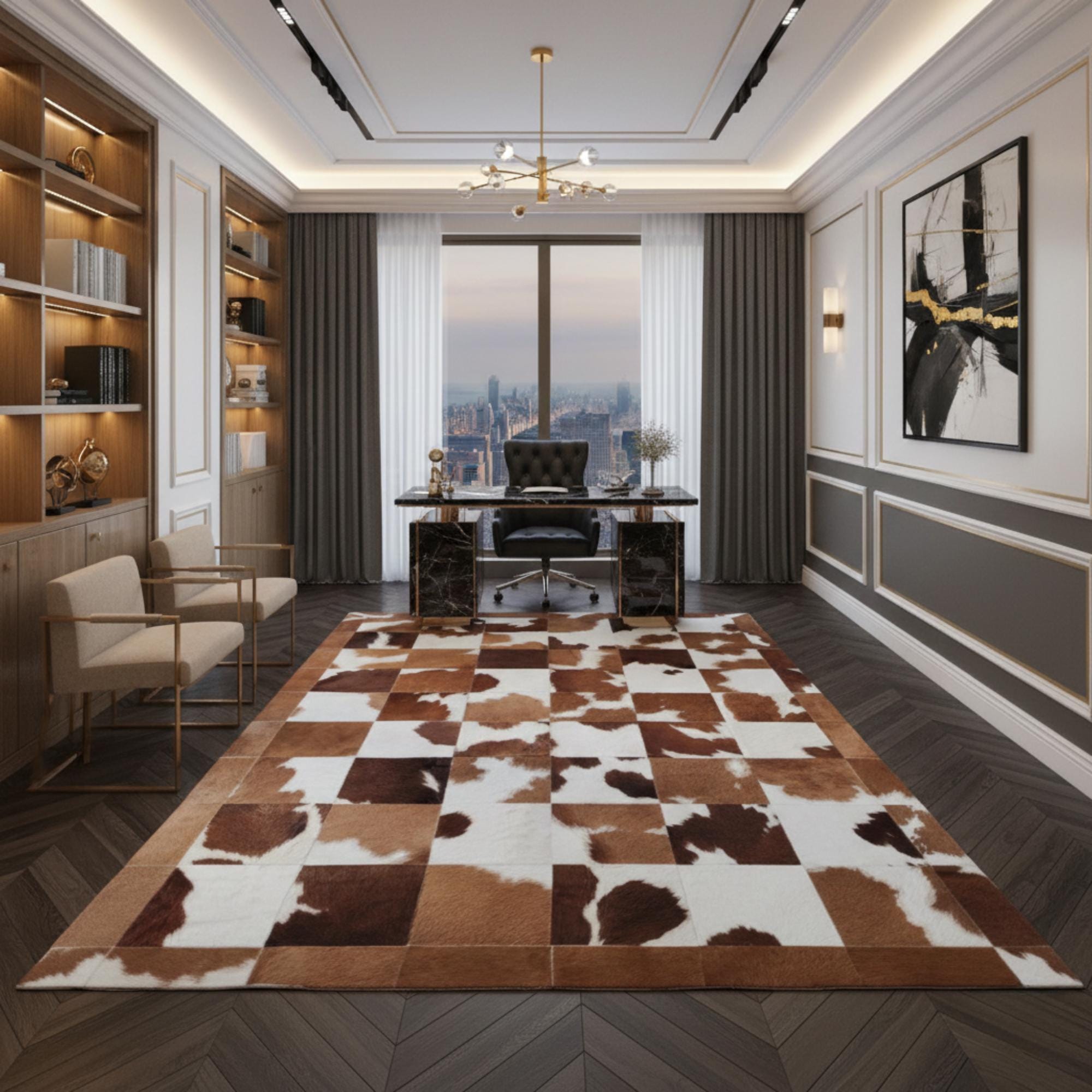 Brown Cowhide Rug, Beige and Tan Area Rug, Large Square Patchwork Mat