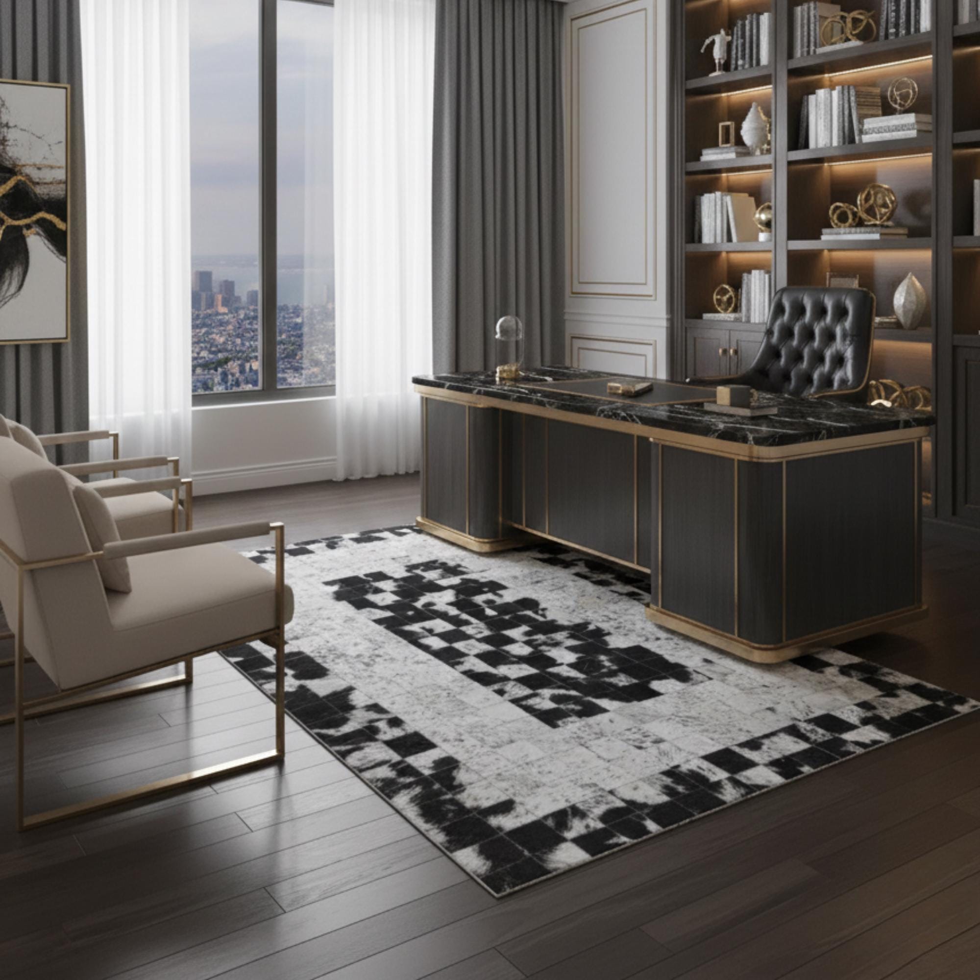 Black and White Cowhide Rug, Geometric Patchwork Area Rug,
