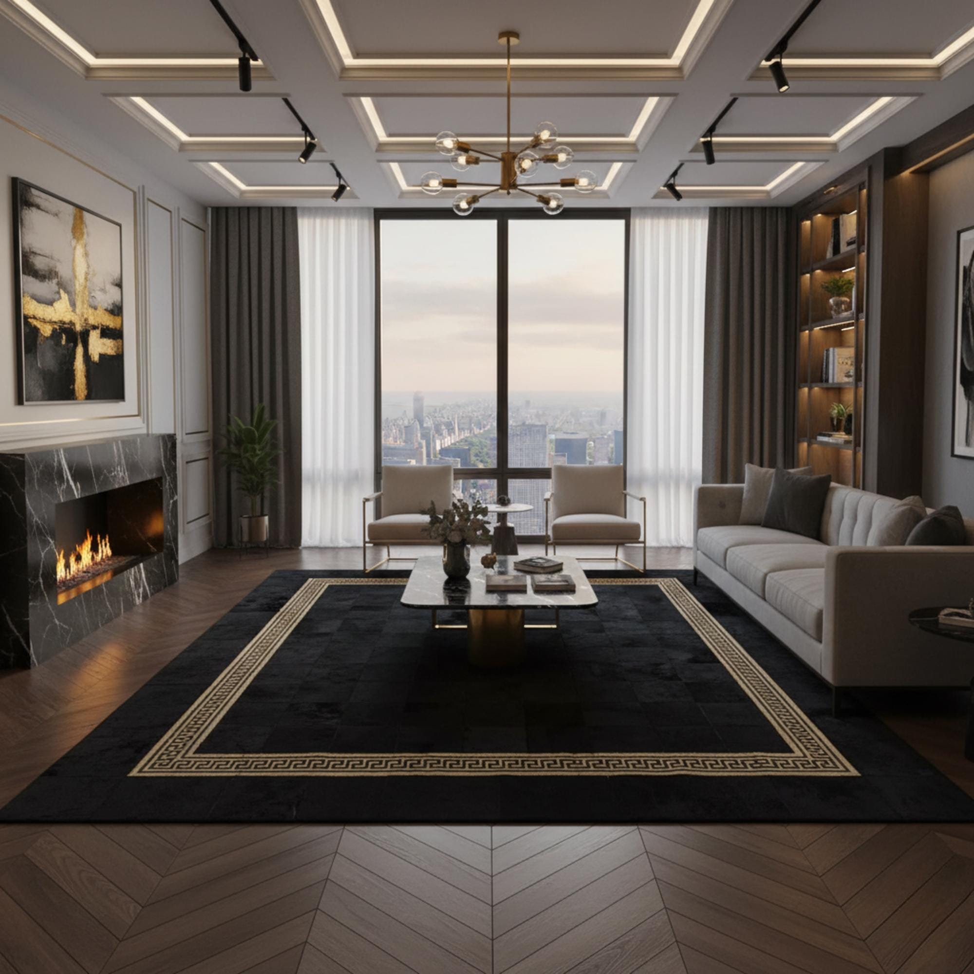 Black and Gold Cowhide Rug, Concentric Geometric Area Rug, Metallic Leather Mat