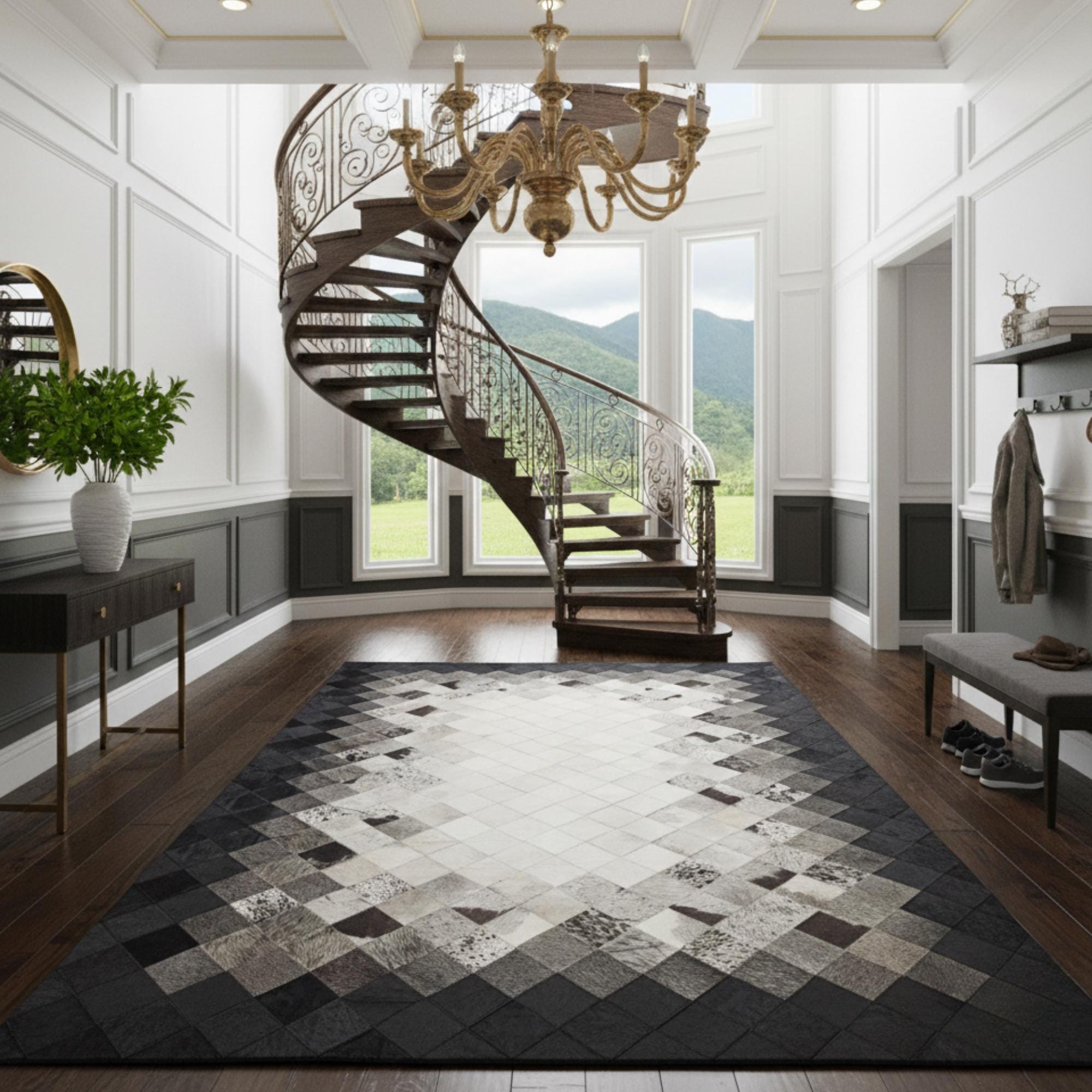 Black Grey and White Cowhide Rug, Gradient Diamond Area Rug, Ombre Patchwork Mat