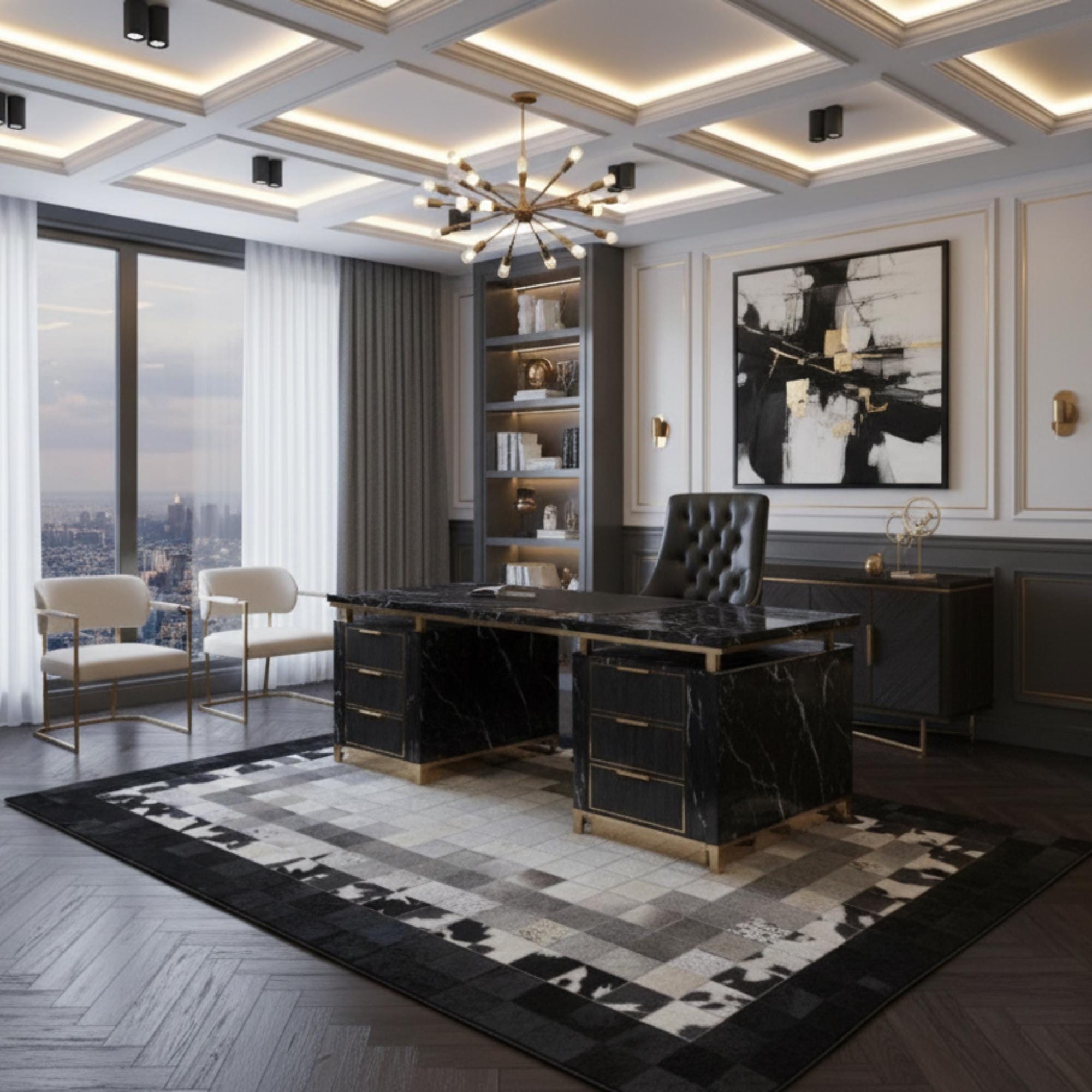 Black and White Cowhide Rug, Pixel Patchwork Area Rug, Mosaic Leather Carpet