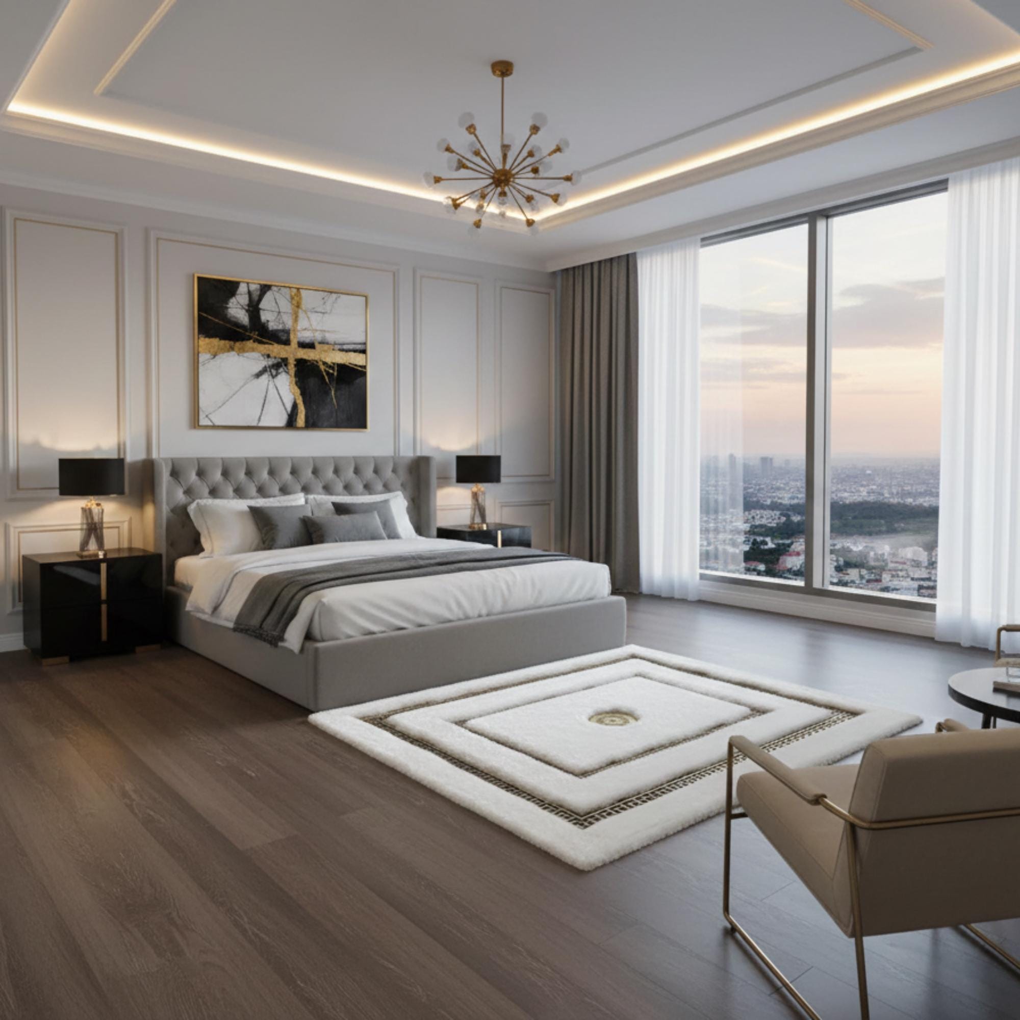White and Gold Plush Rug, Luxury Gold Border Area Rug,