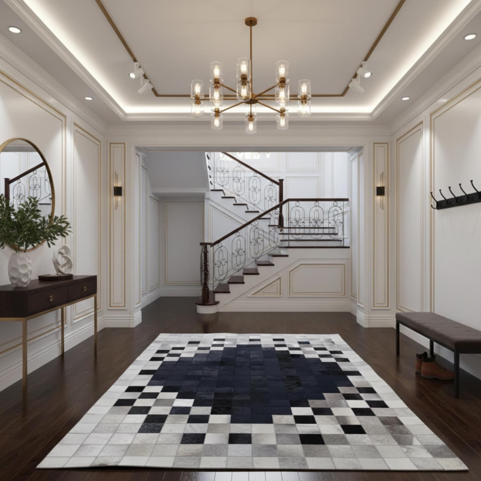 Black and Gray Cowhide Rug, Gradient Ombre Area Rug, Geometric Diamond Mat