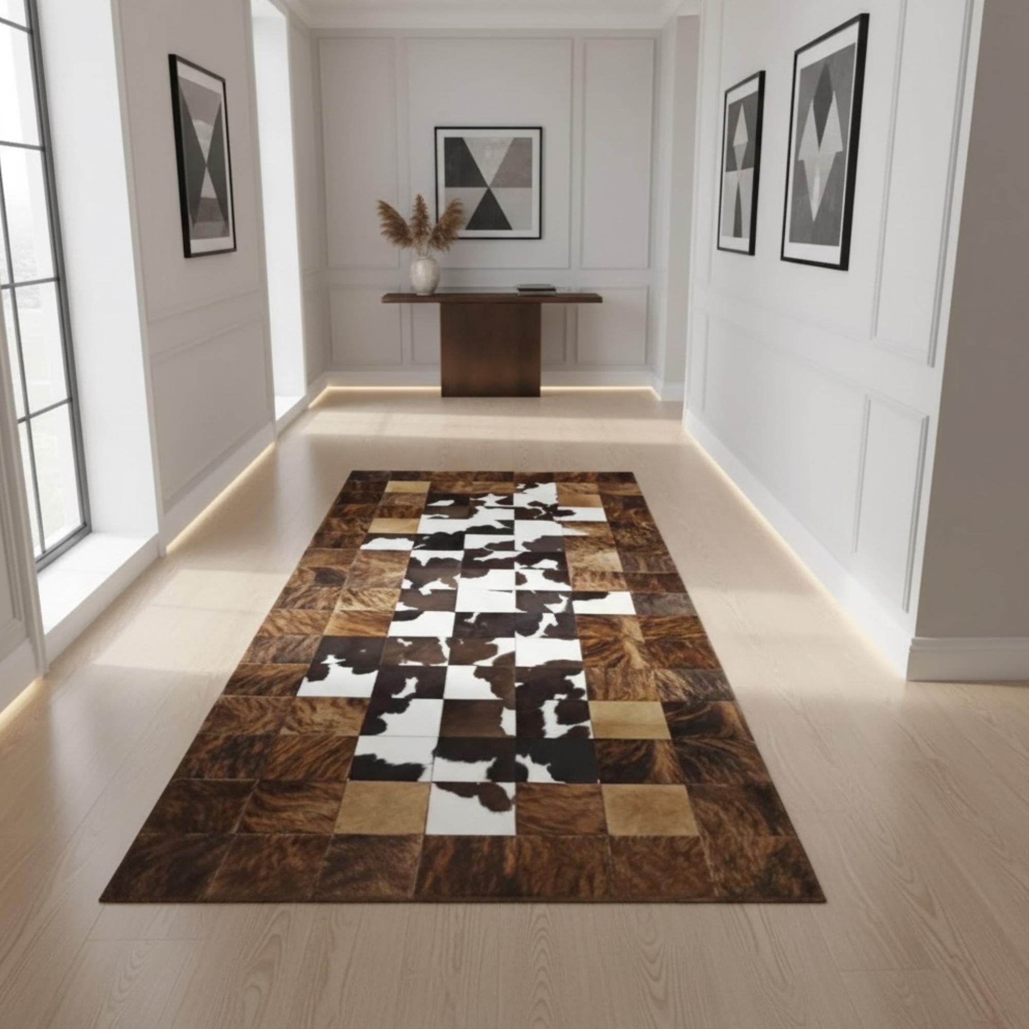 Brown and White Cowhide Runner, Hallway Area Rug, Patchwork Leather Mat
