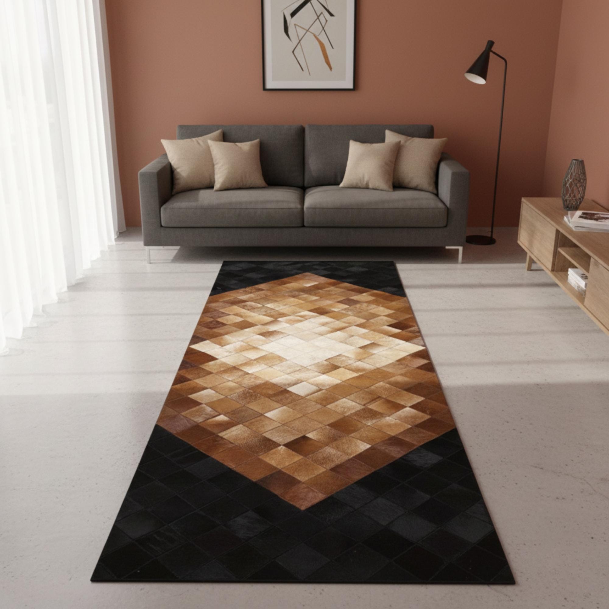 Black and Brown Cowhide Runner, Geometric Hallway Rug, Patchwork Leather Mat