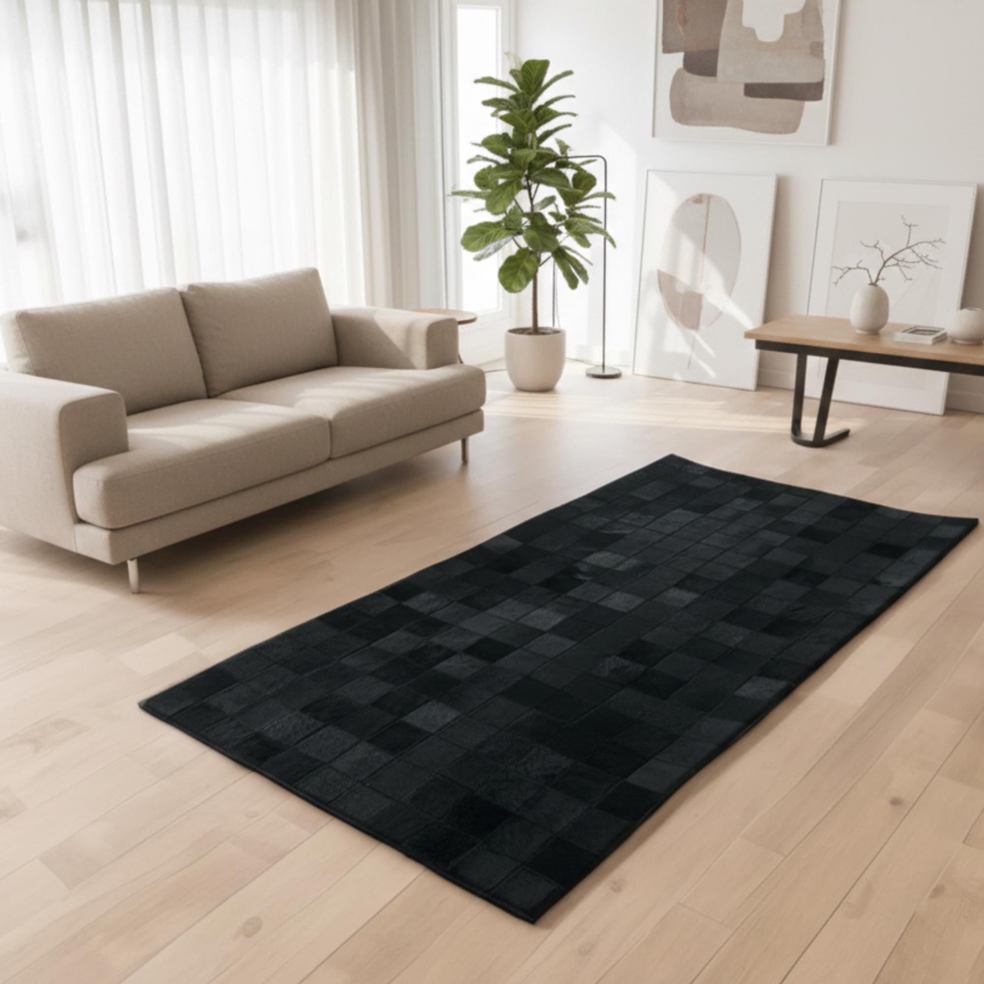 Dark Black Cowhide Rug, Solid Black Area Rug, Square Patchwork Leather Mat