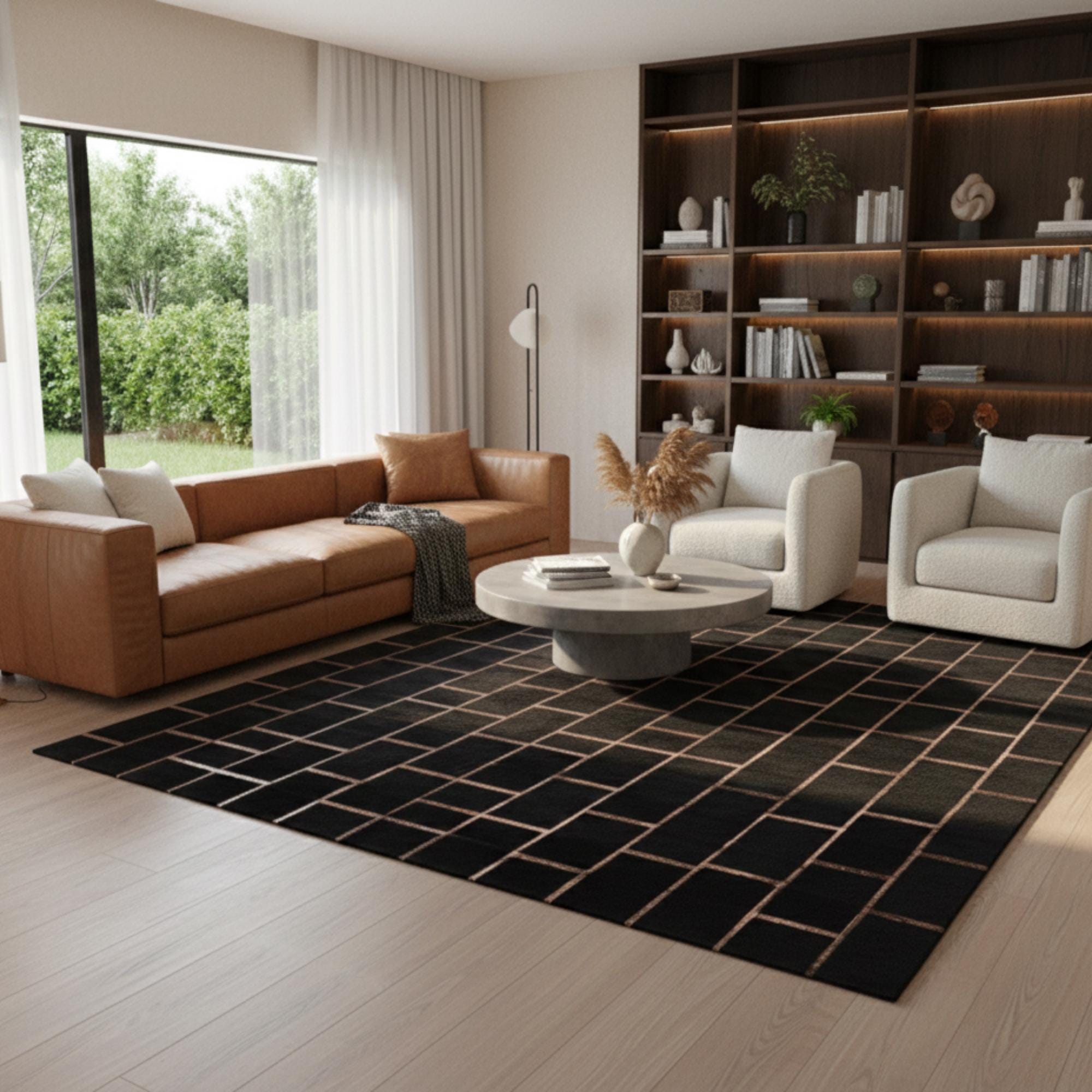 Black and Rose Gold Cowhide Rug, Copper Detail Area Rug