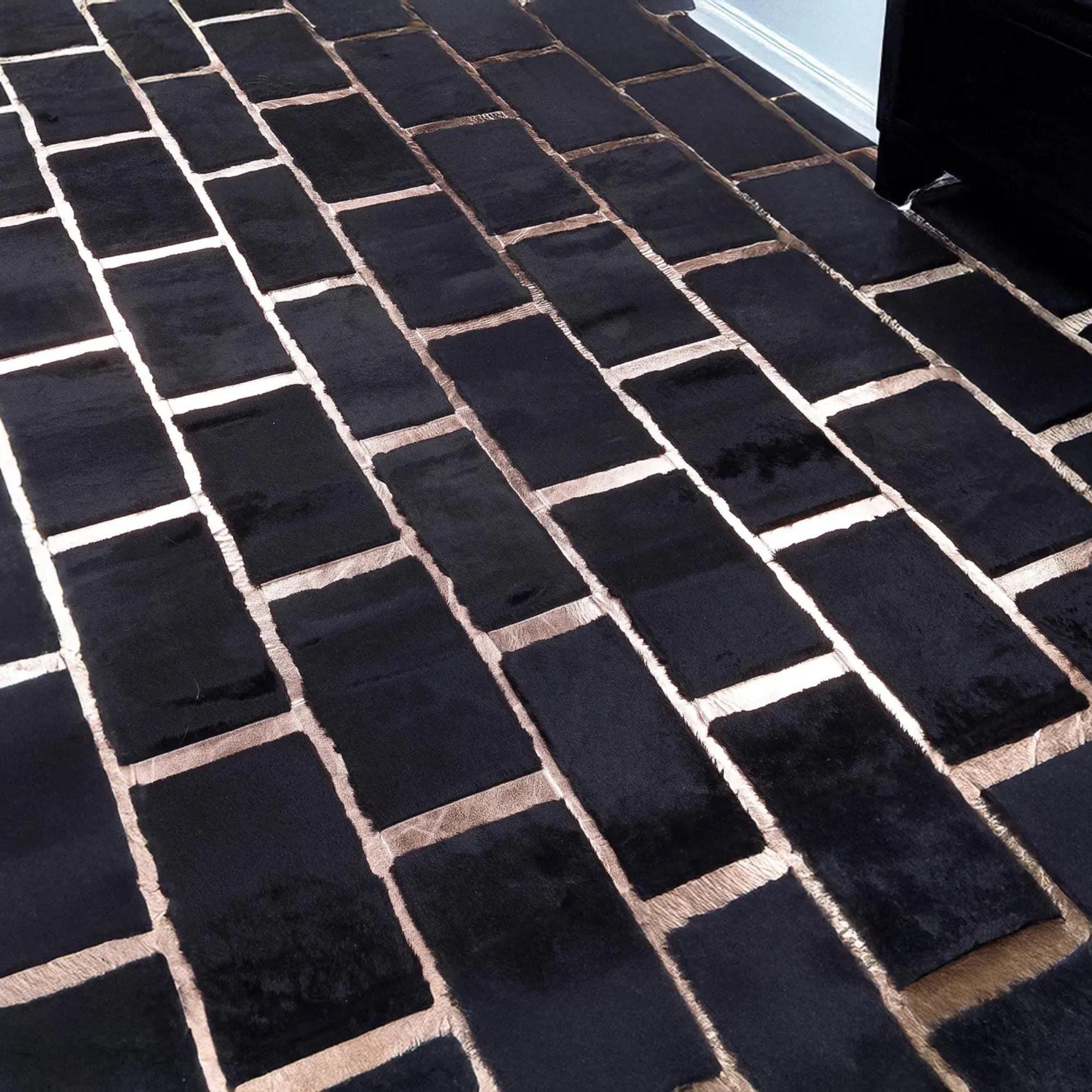 Black and Rose Gold Cowhide Rug, Copper Detail Area Rug