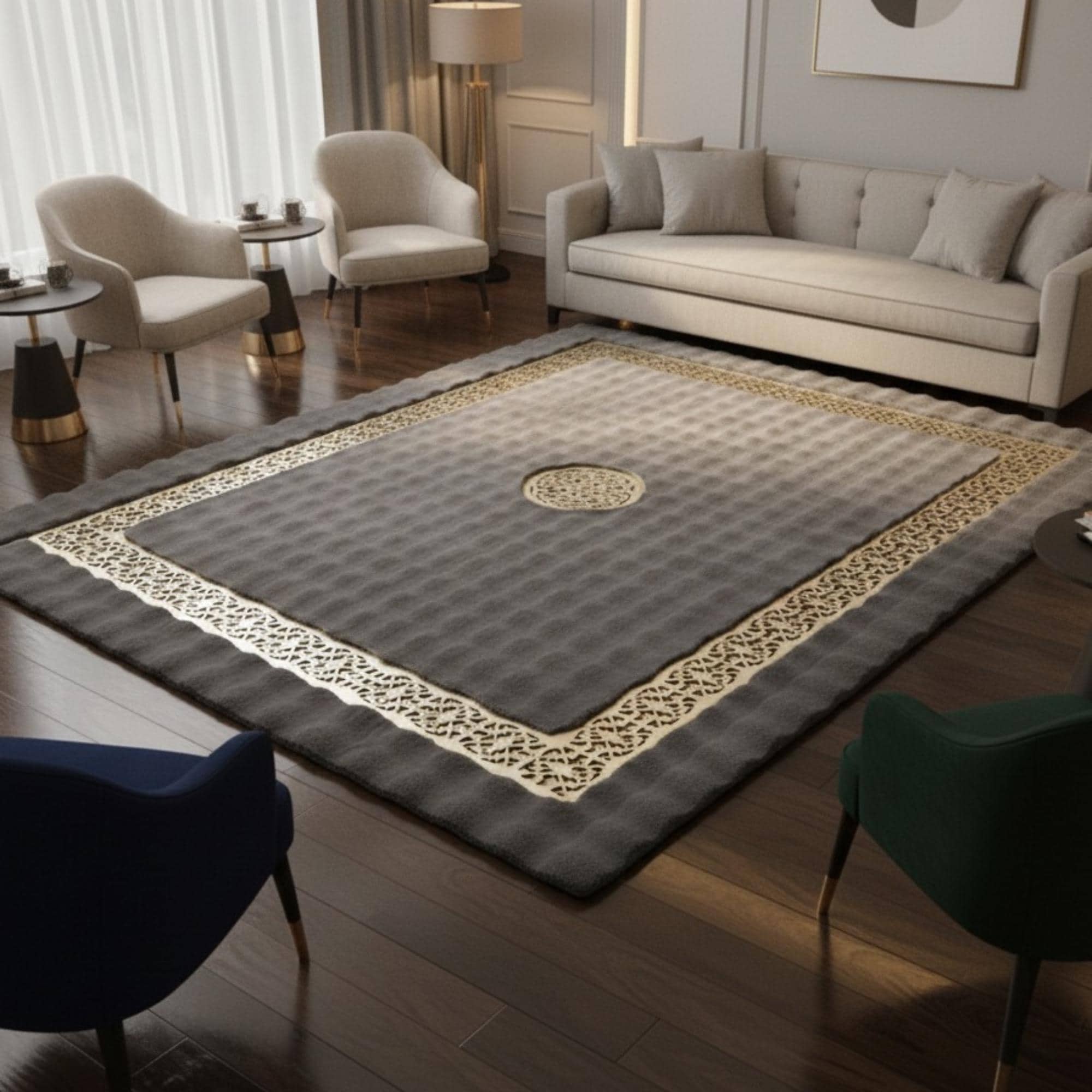 Gray and Gold Plush Rug, Geometric Gold Line Area Rug, Luxury Fur Carpet,