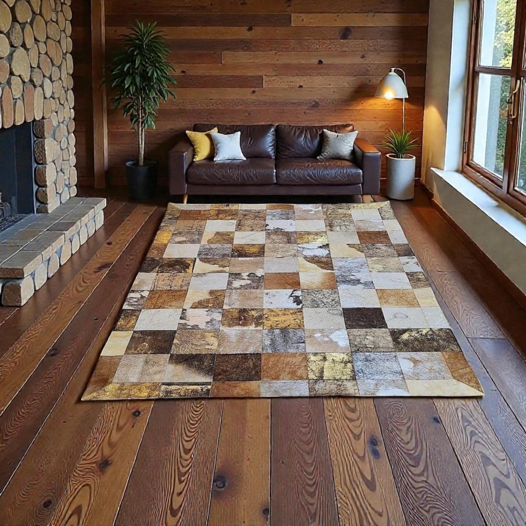 Multicolor Cowhide Rug, Patchwork Area Rug, Mosaic Leather Carpet