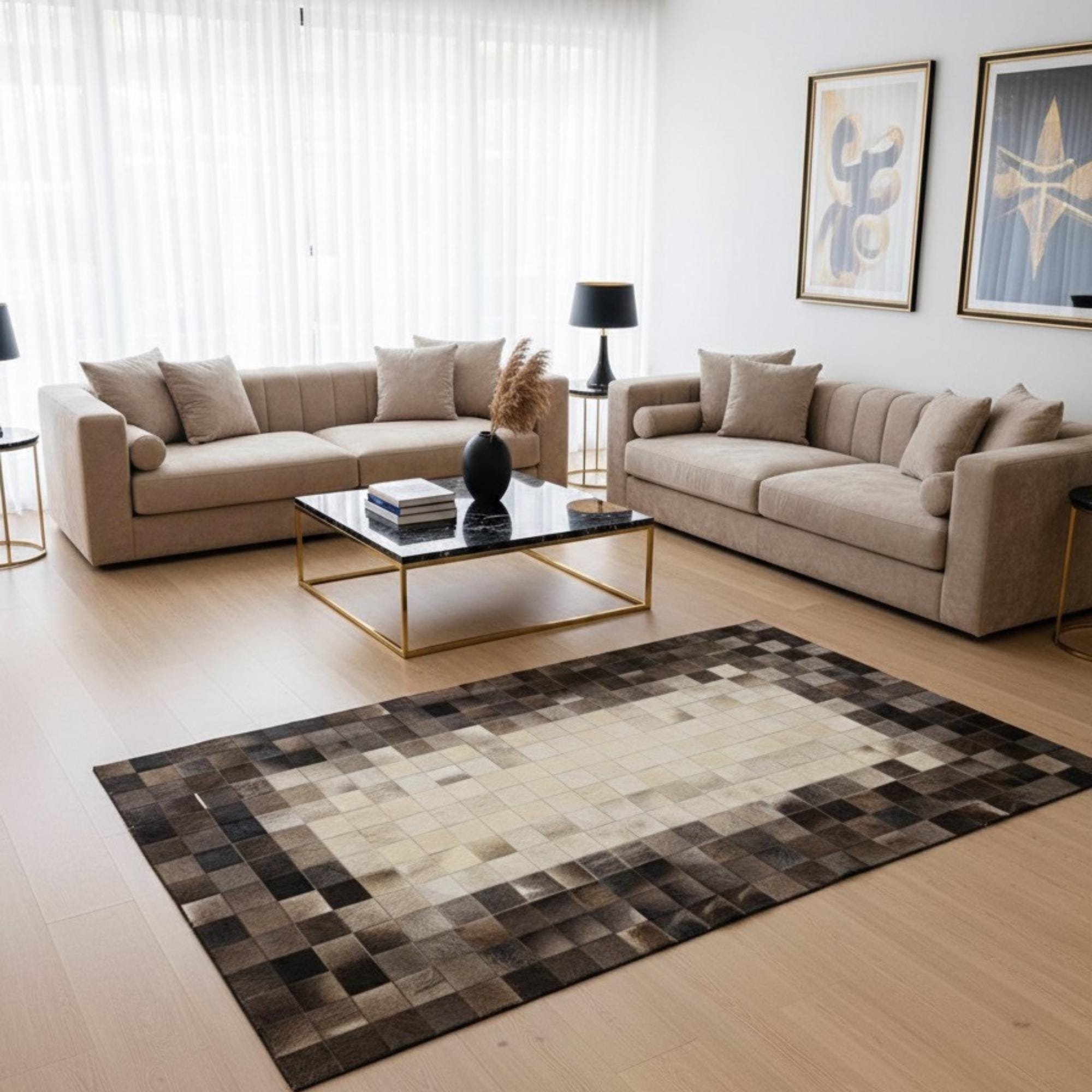 Cowhide Patchwork Rug, Brown Beige Geometric Square Pattern