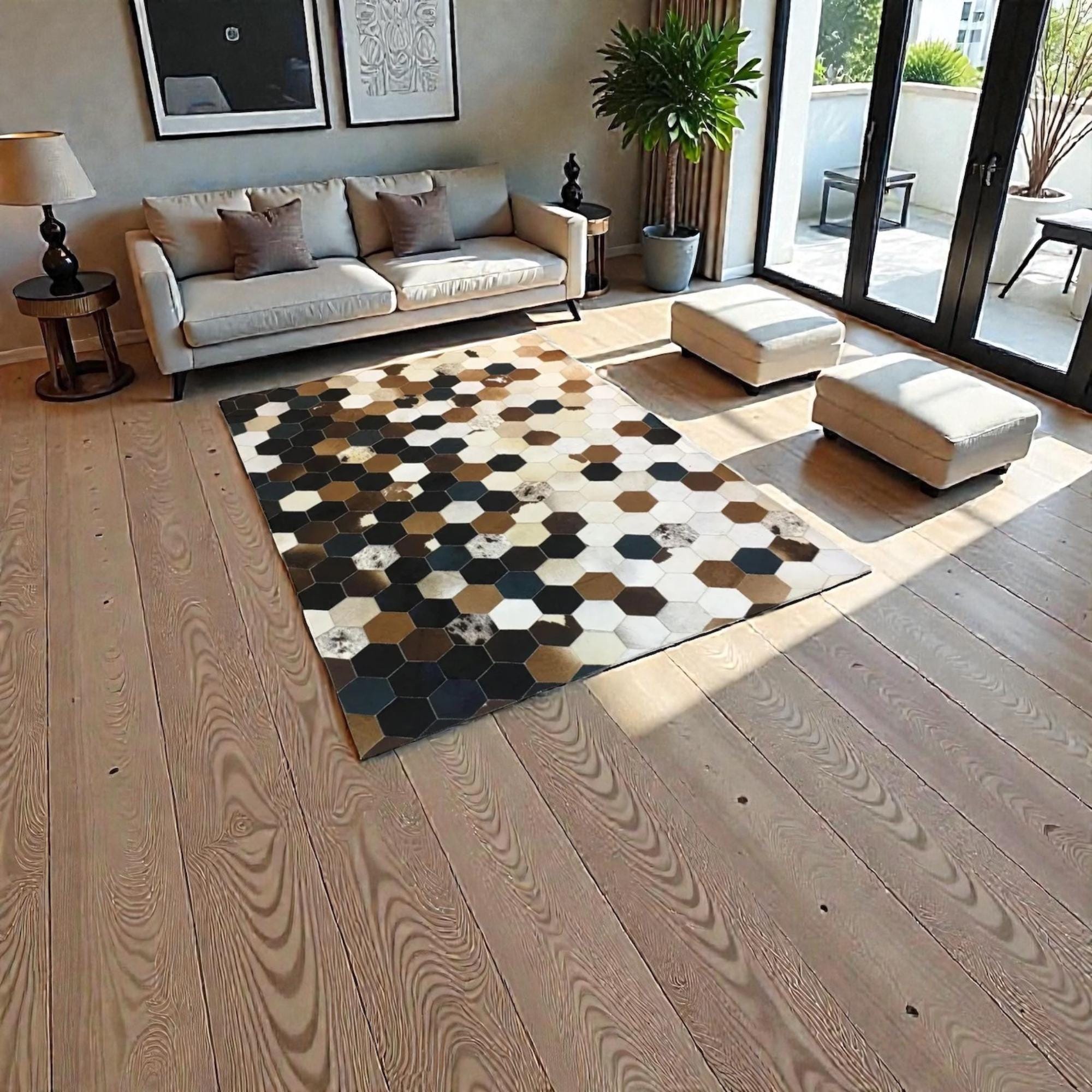Cowhide Patchwork Rug, Geometric Honeycomb Leather Carpet