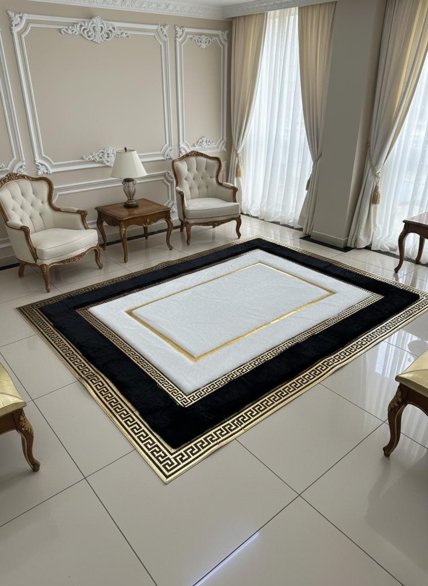 Plush Rug, White, Black, and Gold Geometric Carpet,