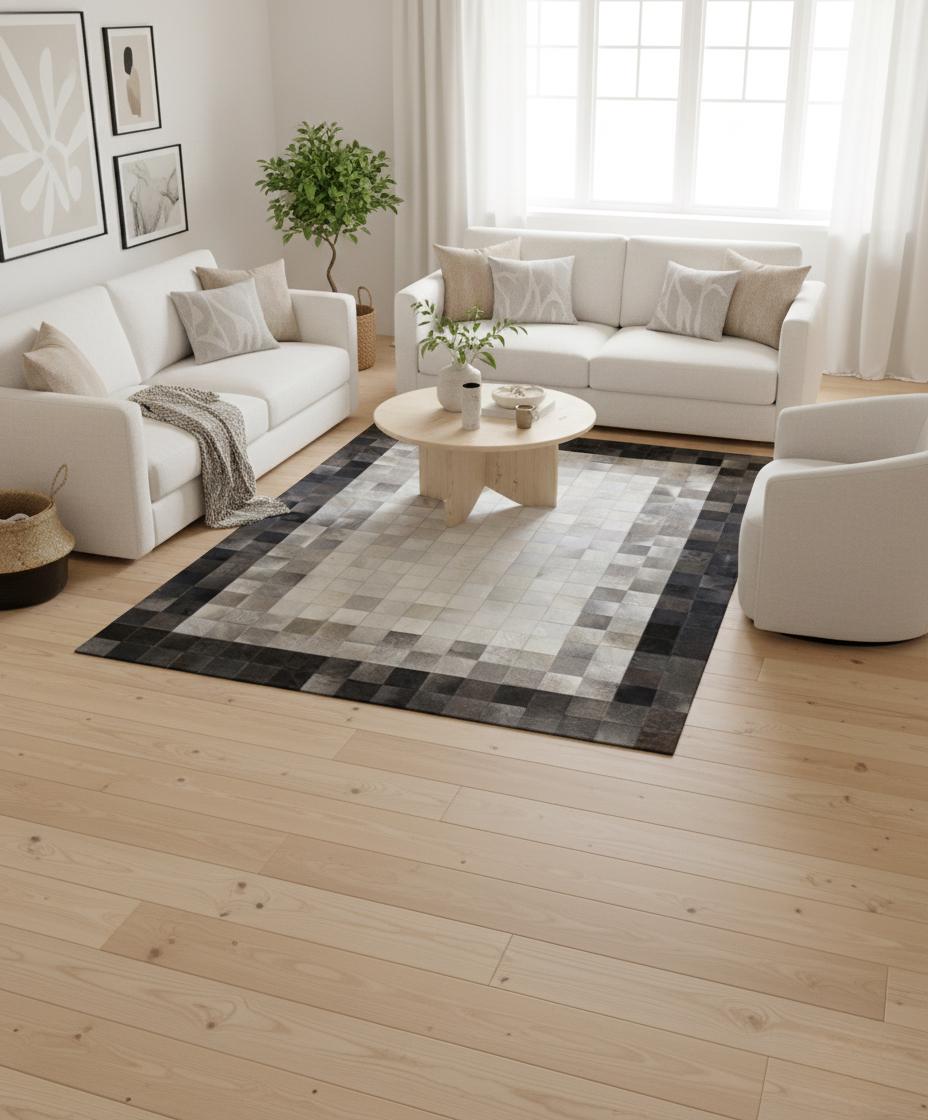 Gray Patchwork Cowhide Area Rug, Modern Leather Area Rug, Custom Size Available