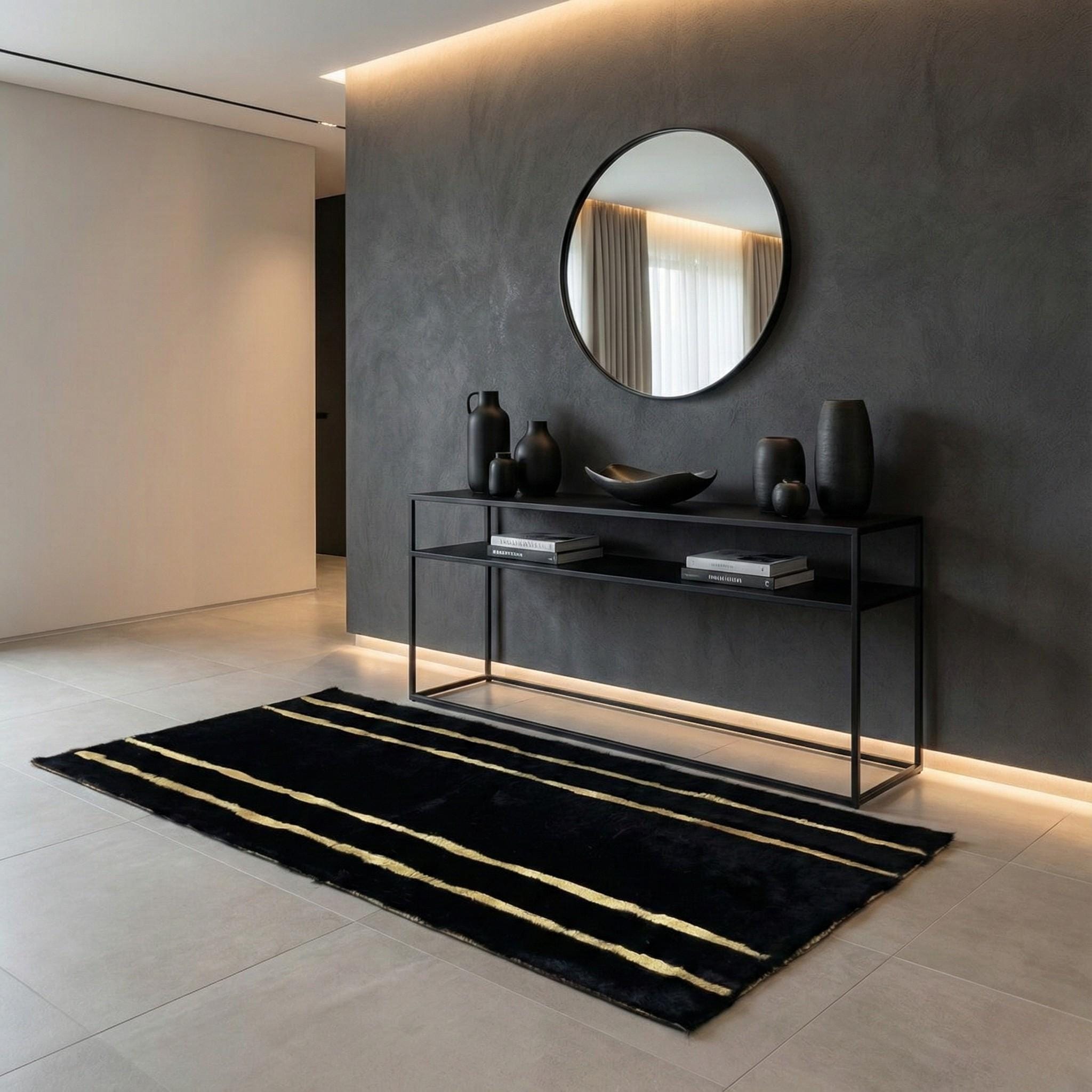 Black and Gold Plush Runner Rug, Luxury Runner, Modern Geometric Gold Border Carpet,