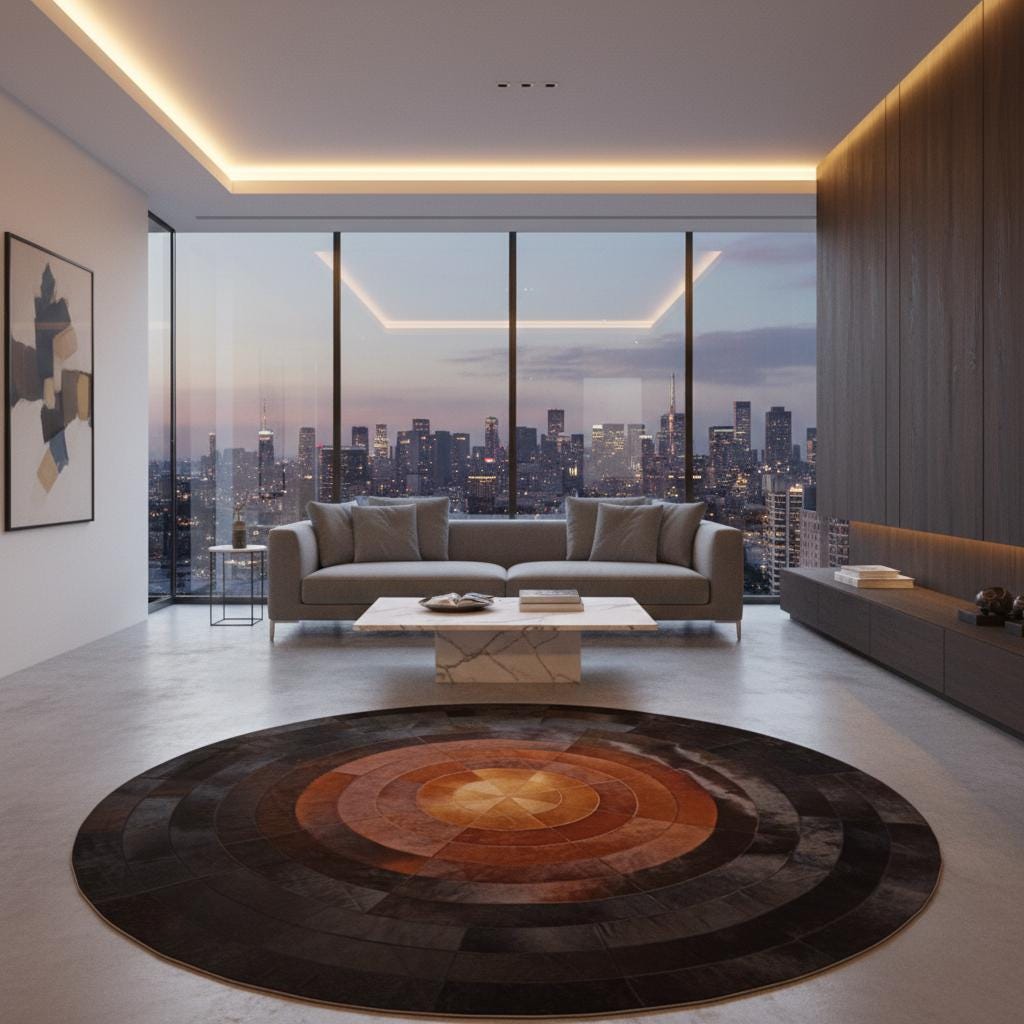 Round Cowhide Rug, Patchwork Circle Mat, Gradient Brown and Black Leather Carpet