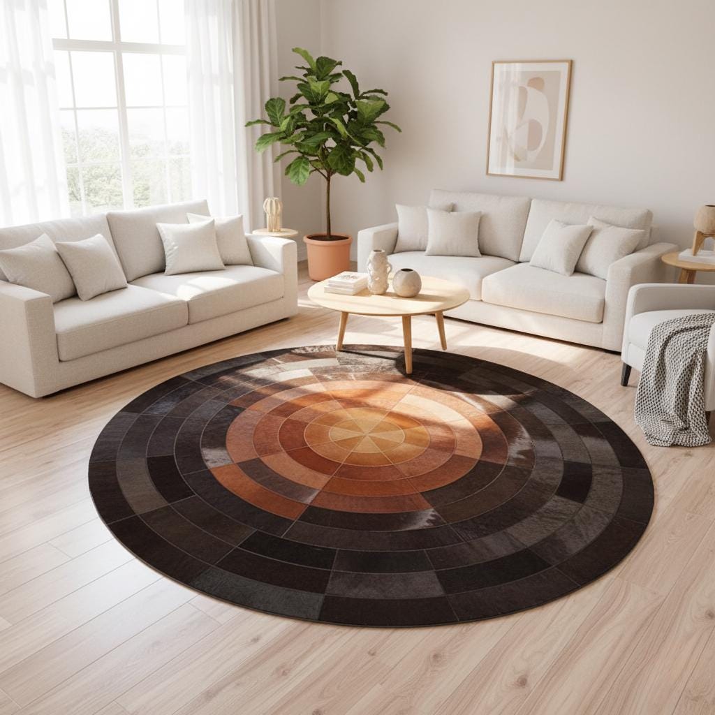 Round Cowhide Rug, Patchwork Circle Mat, Gradient Brown and Black Leather Carpet