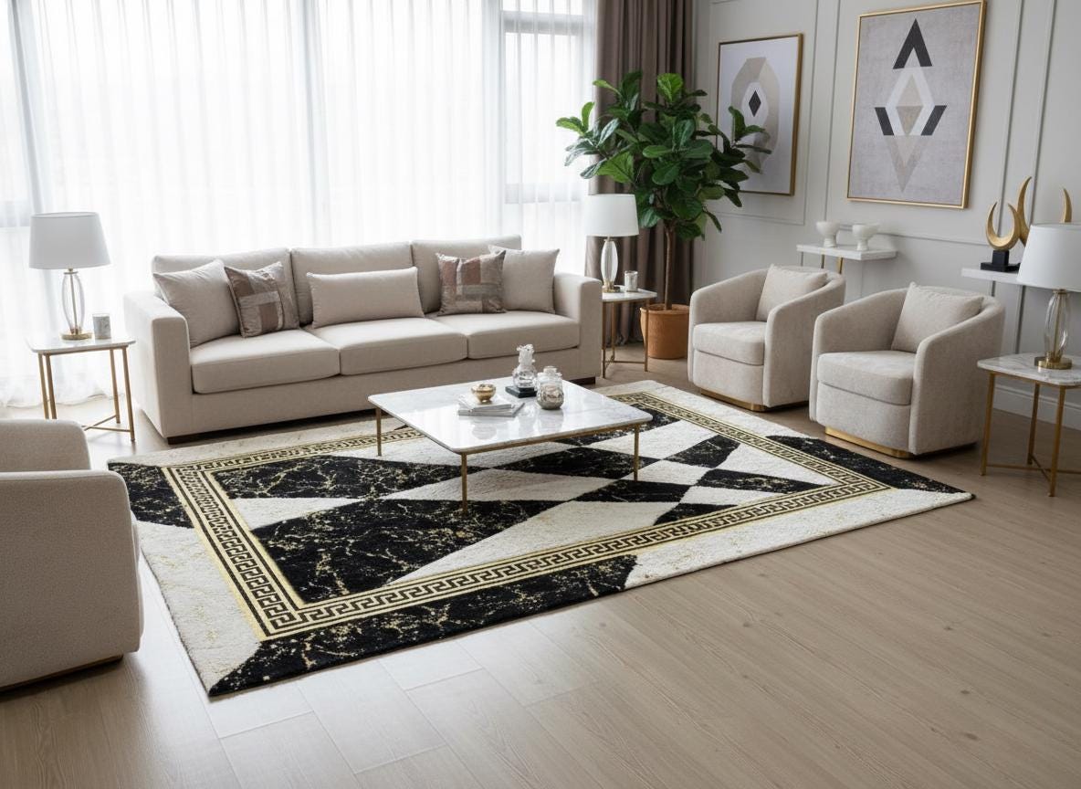 White and Black Plush Rug, Custom Size Faux Fur Area Rug,