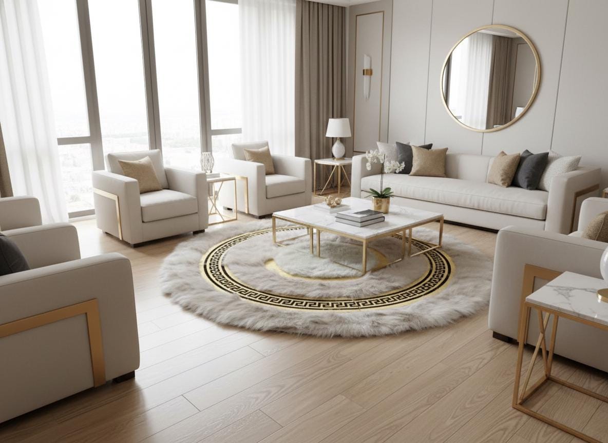 Round Tuscan Fur Rug, White Curly Sheepskin Style Mat, Fluffy Circle Carpet,