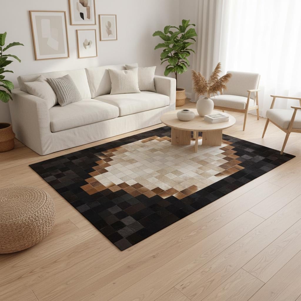 Brown and Black Cowhide Rug, Patchwork Leather Area Rug, Ombre Gradient Carpet