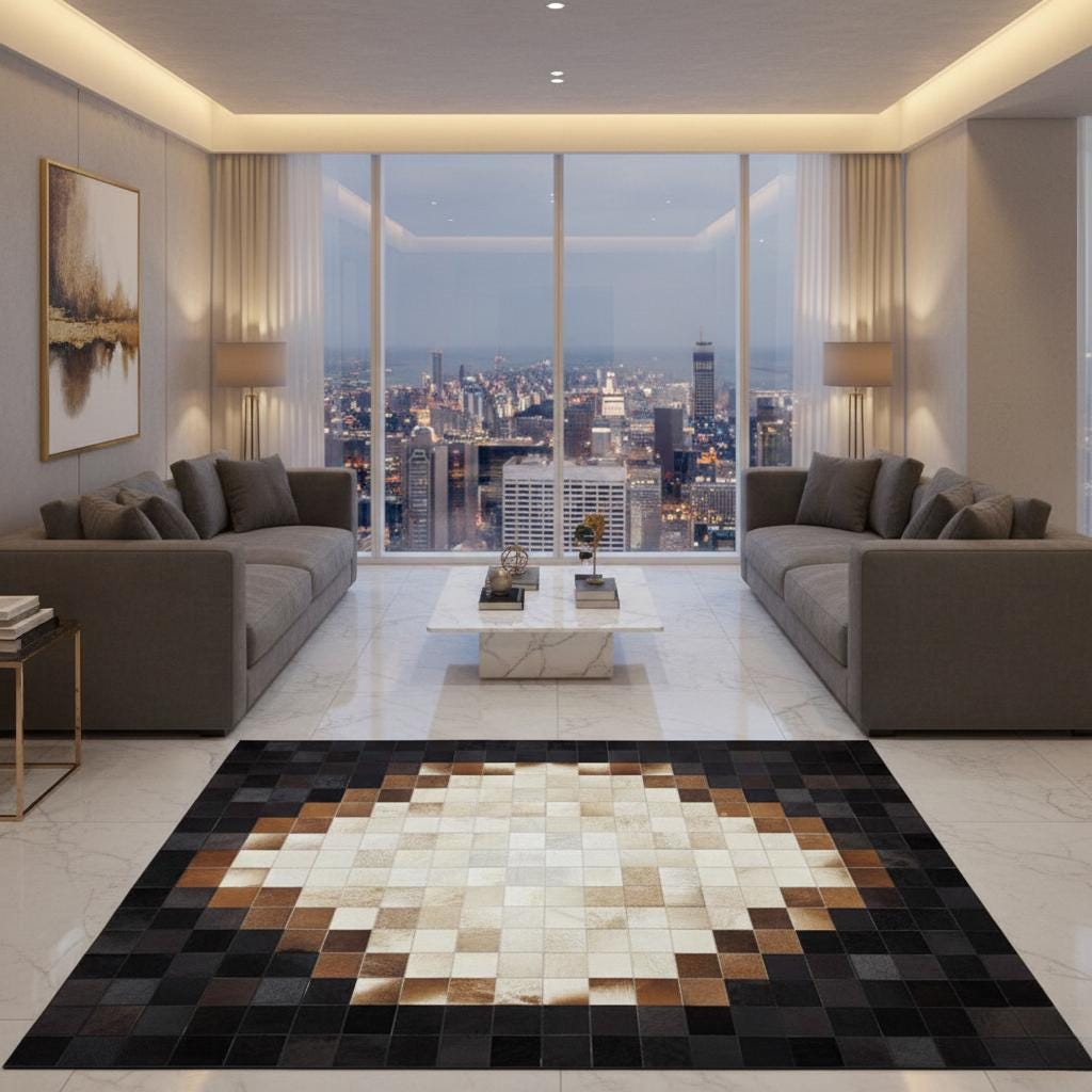 Brown and Black Cowhide Rug, Patchwork Leather Area Rug, Ombre Gradient Carpet