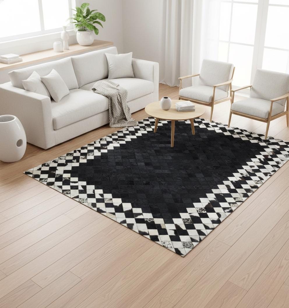 Black Cowhide Rug, Checkered Border Area Rug, Black and White Patchwork Carpet