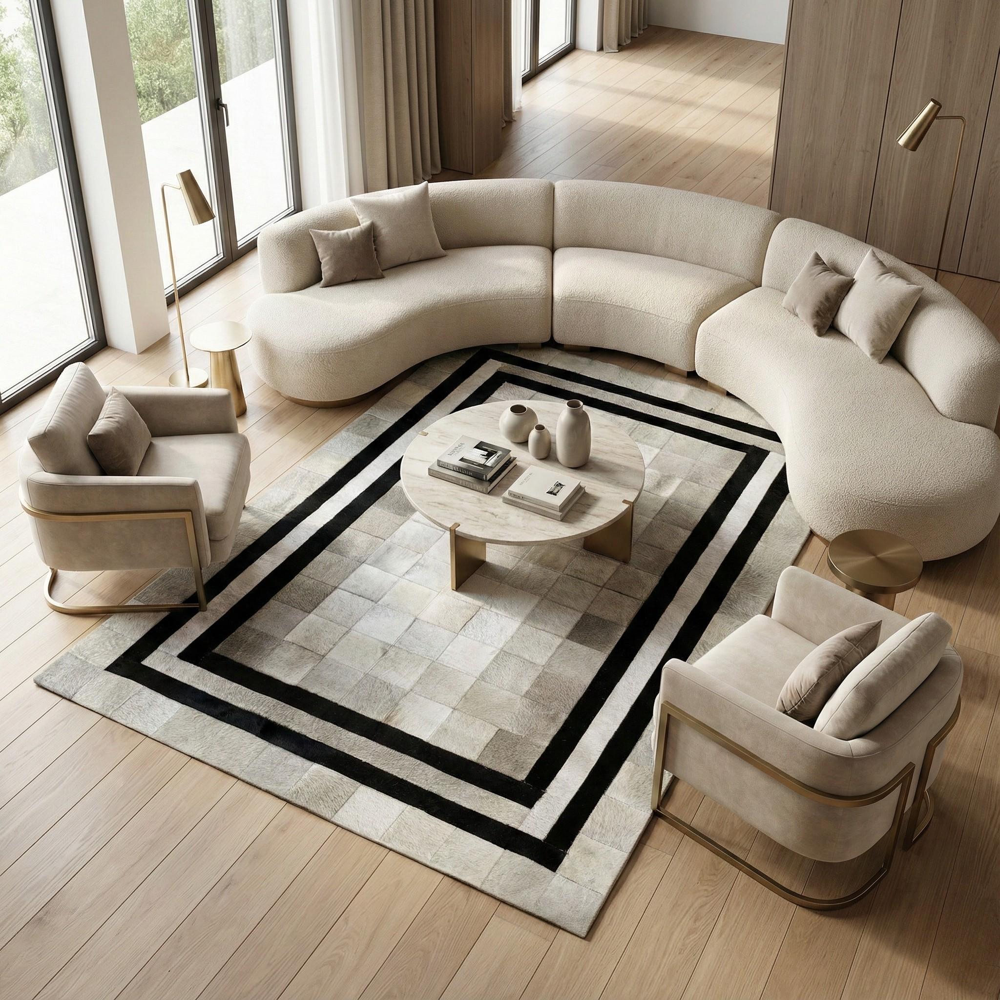 Grey Patchwork Cowhide Rug, Geometric Leather Area Rug, Silver and Black Border Carpet