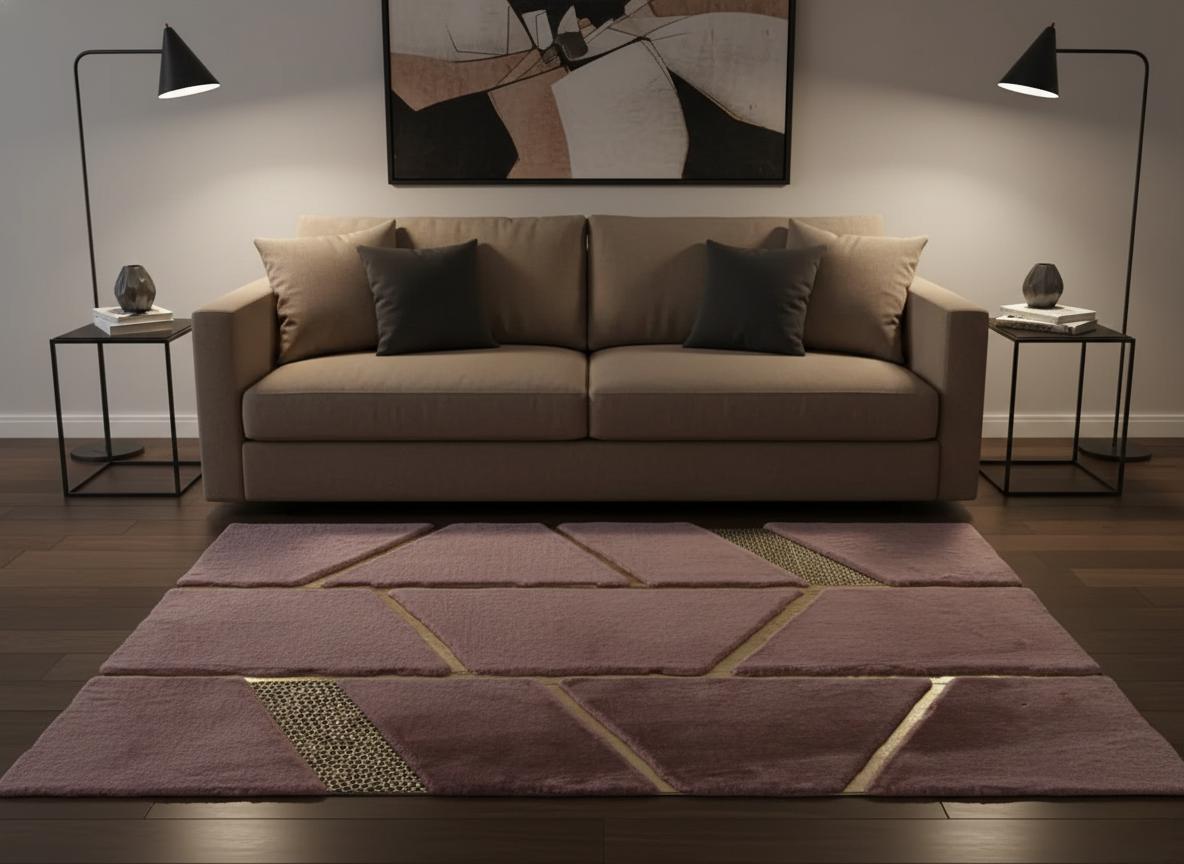 Pink Plush Rug, Modern Geometric Area Rug, Luxury Carpet, Gold Line Floor Decor,
