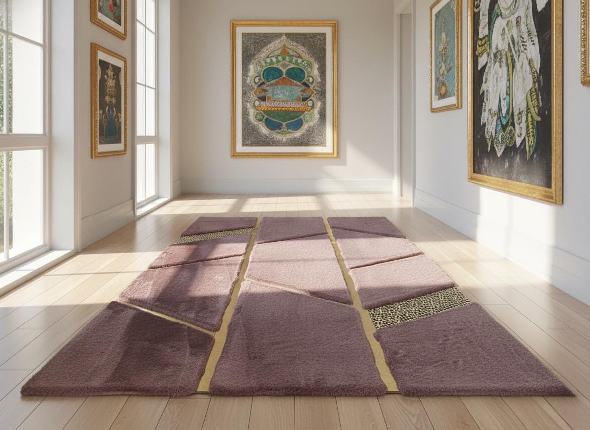 Pink Plush Rug, Modern Geometric Area Rug, Luxury Carpet, Gold Line Floor Decor,