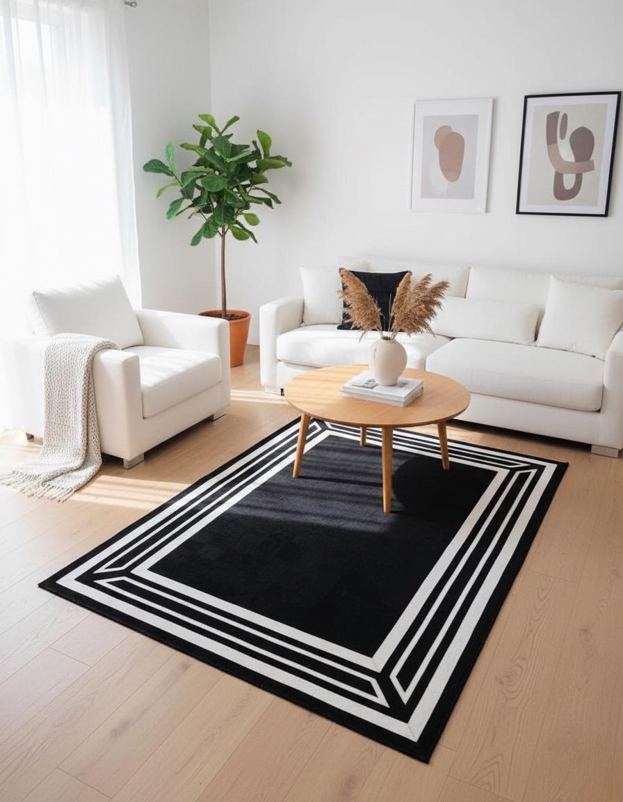 Black and White Cowhide Rug, Modern Geometric Area Rug, Minimalist Hair on Hide Carpet