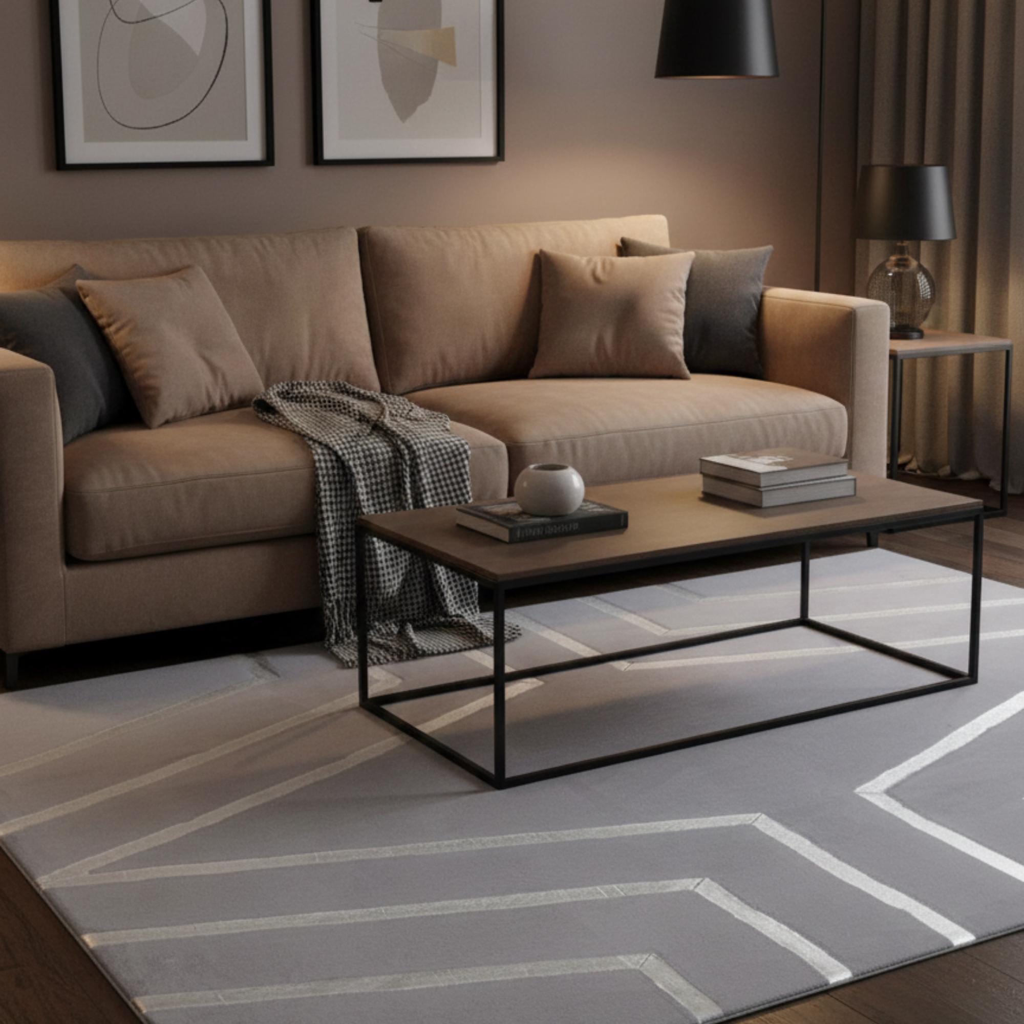 Gray and Silver Plush Rug, Modern Geometric Area Rug, Bedroom Carpet