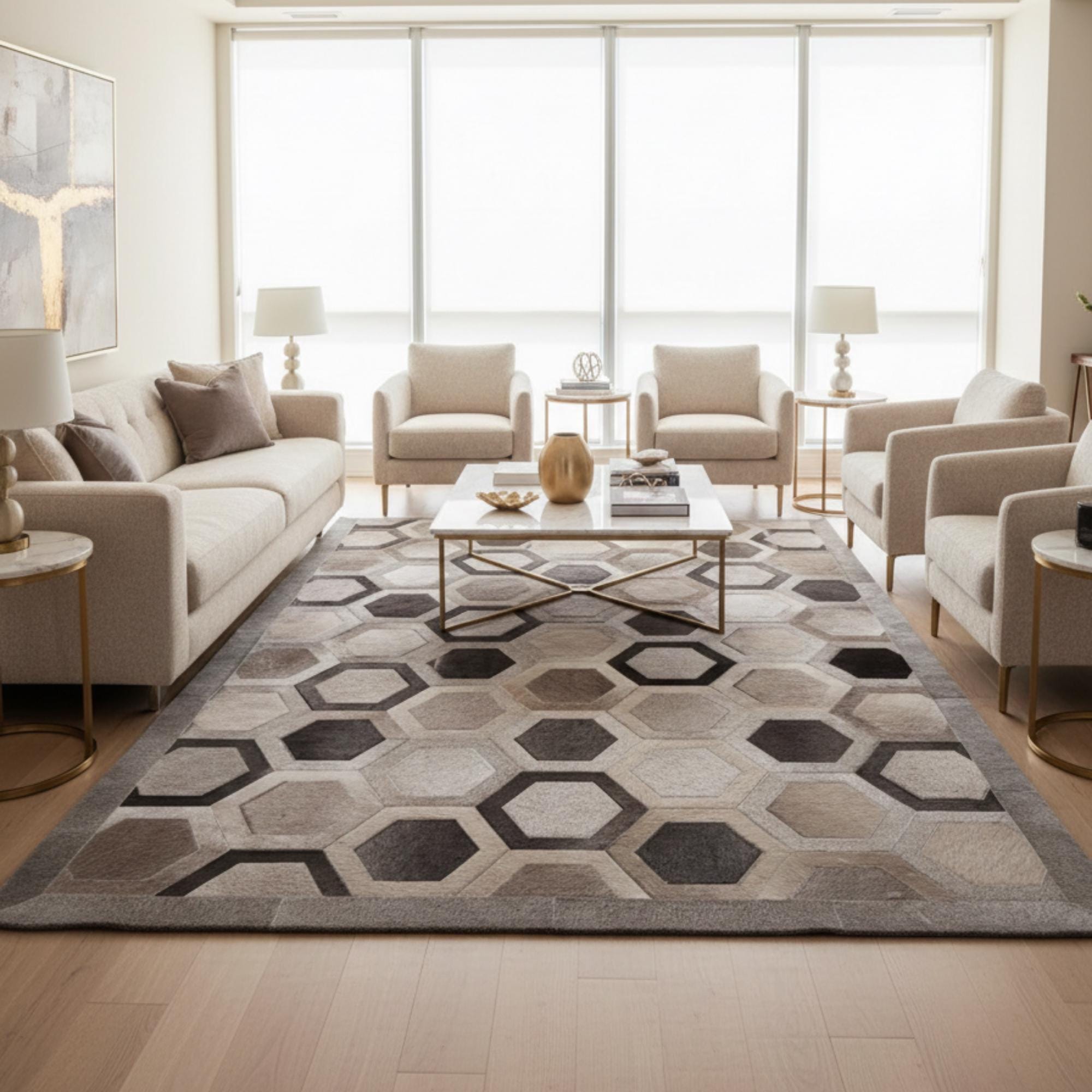 Gray and Brown Cowhide Rug, Geometric Hexagon Patchwork Area Rug