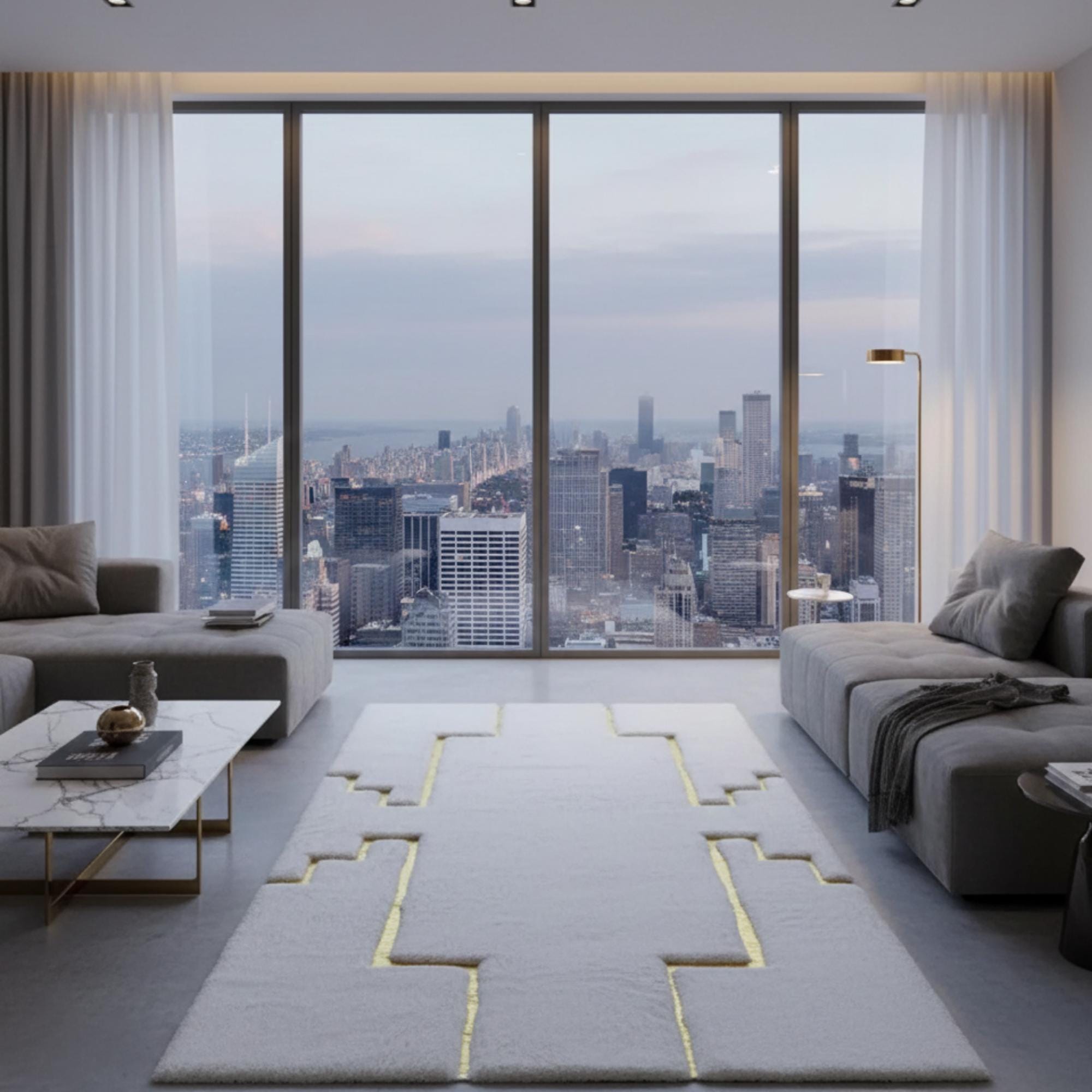 White and Gold Plush Rug, Modern Geometric Area Rug,
