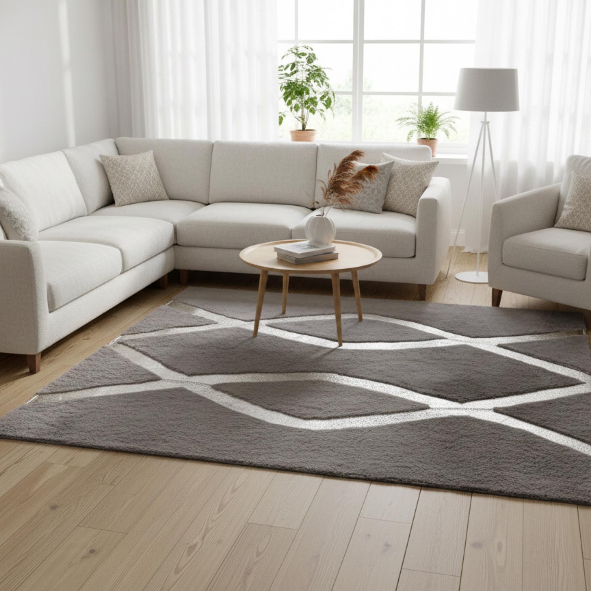Gray and Silver Plush Rug, Modern Geometric Area Rug,