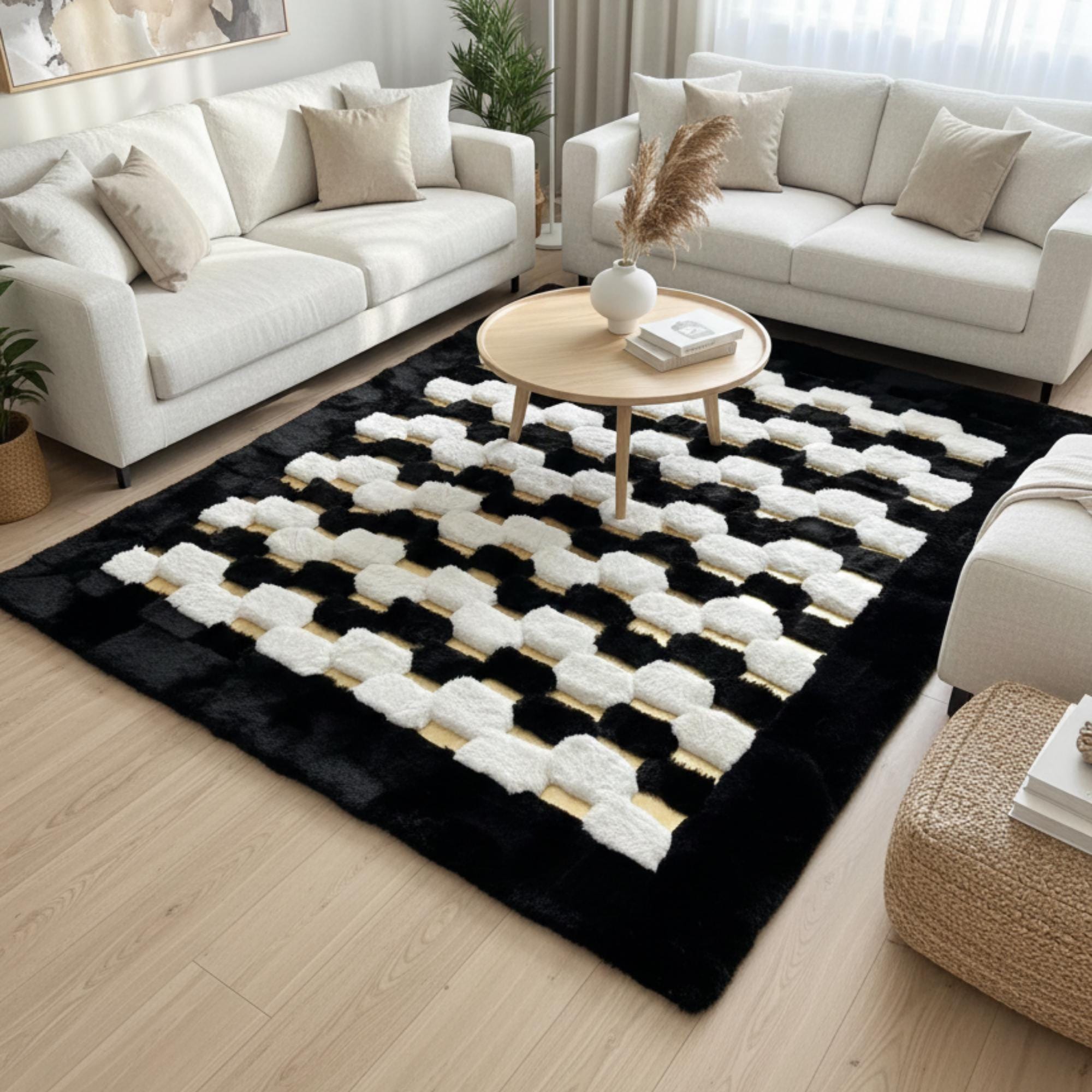 Black and White Plush Rug, 3D Checkerboard Faux Fur Area Rug,