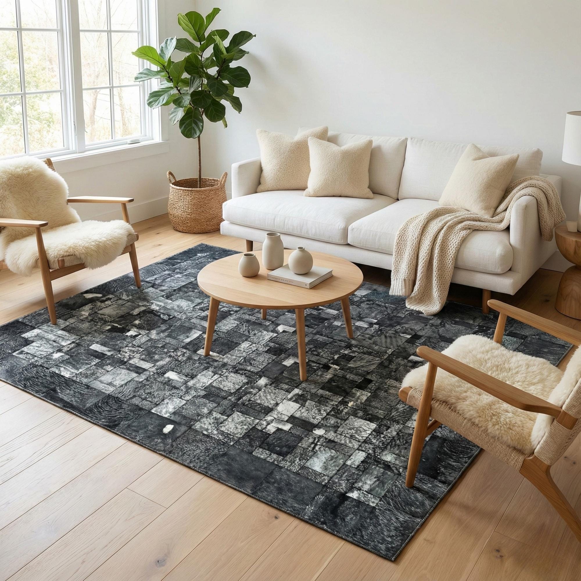Gray and Silver Cowhide Rug, Modern Geometric Hair-on-Hide Area Rug