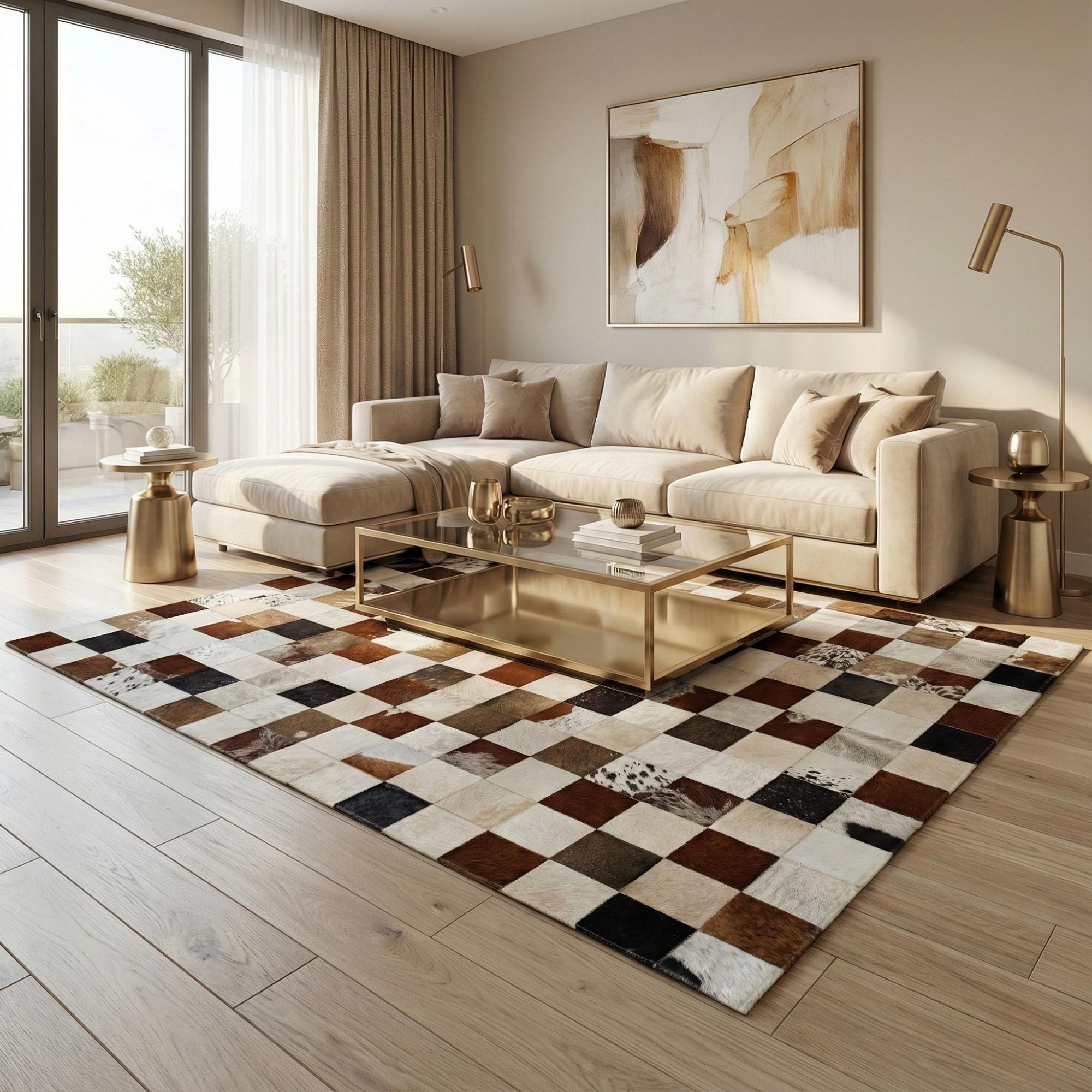 Brown and White Cowhide Rug, Geometric Checkerboard Patchwork,
