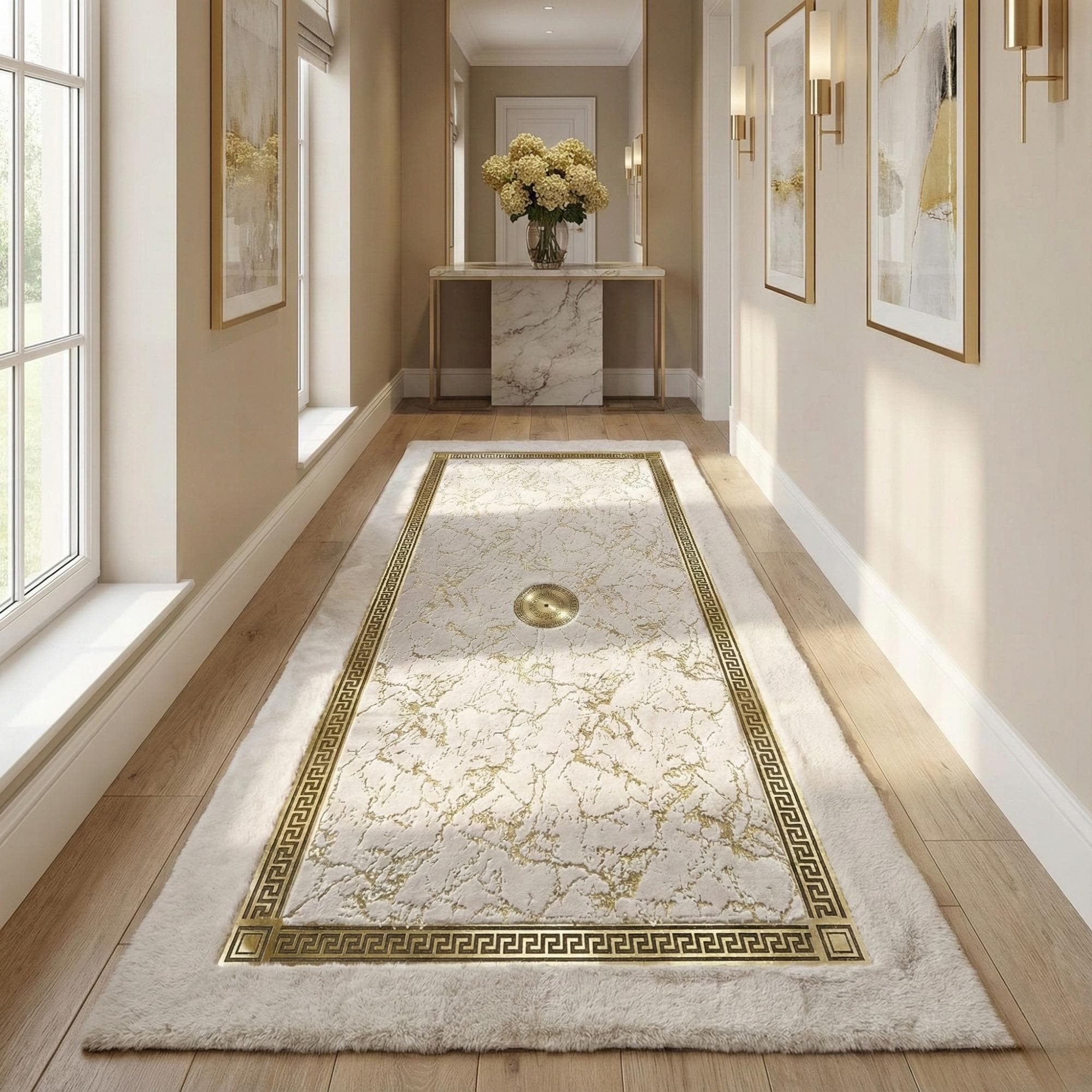 Cream White and Gold Plush Rug, Modern Geometric Area Rug,