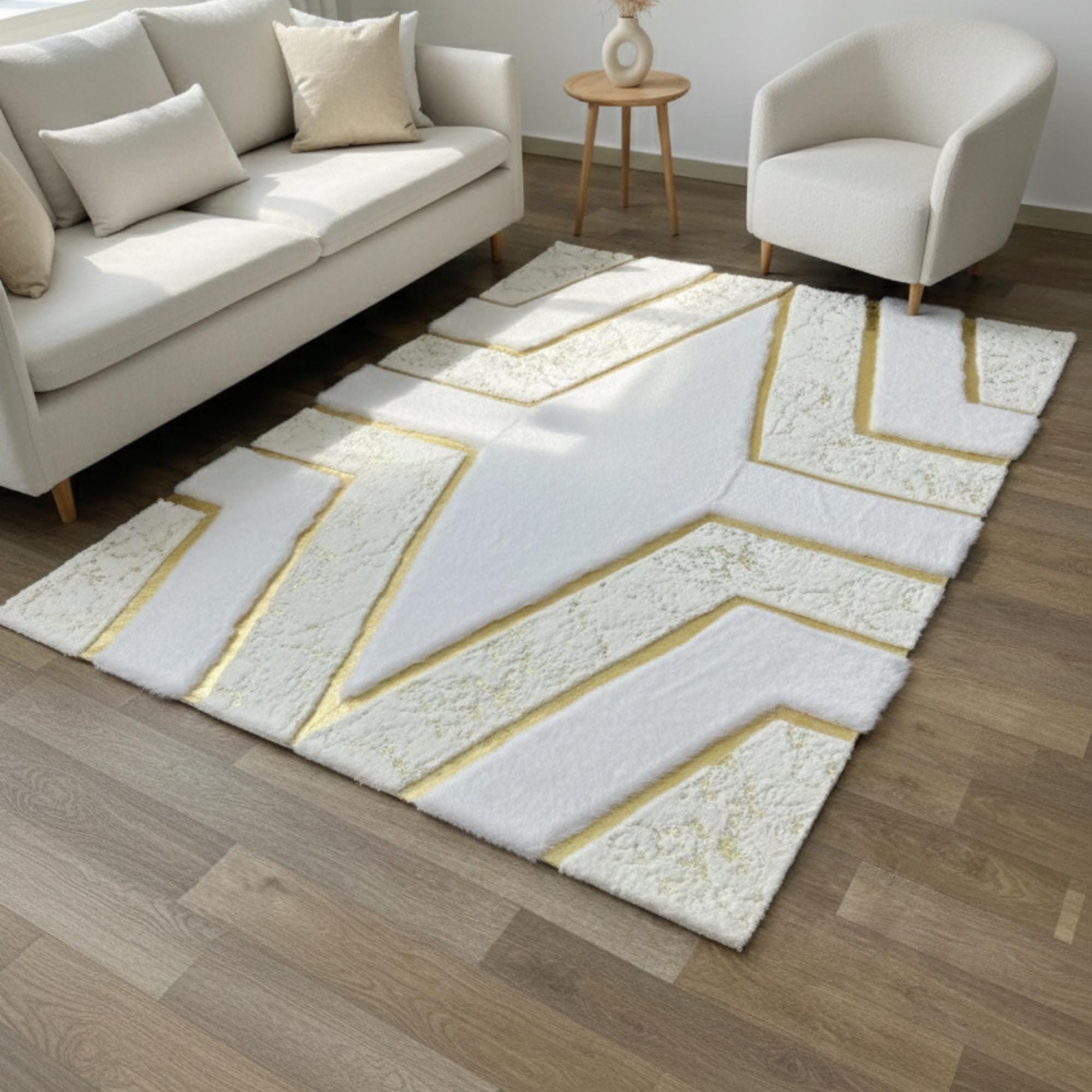 White and Gold Plush Rug, Luxury Geometric Border Area Rug,
