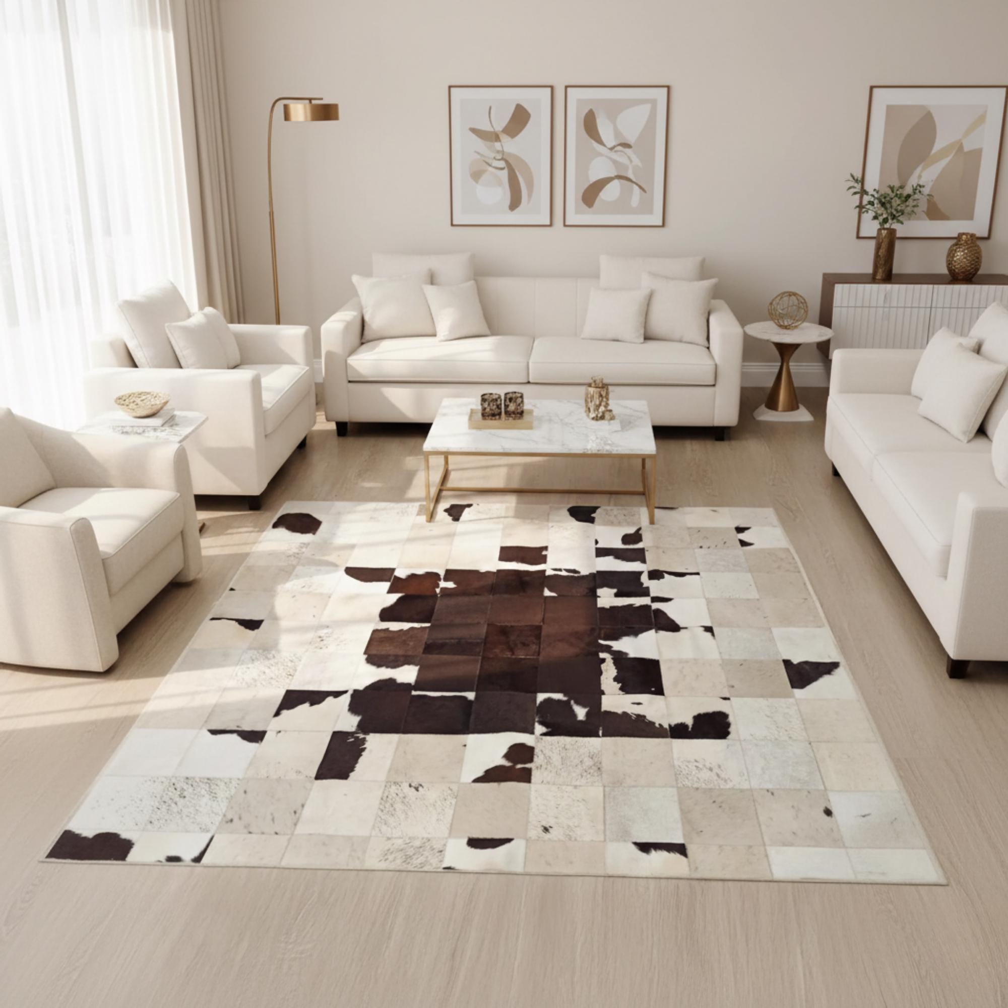 Handmade Patchwork Cowhide Rug, Brown and White Genuine Leather Rug