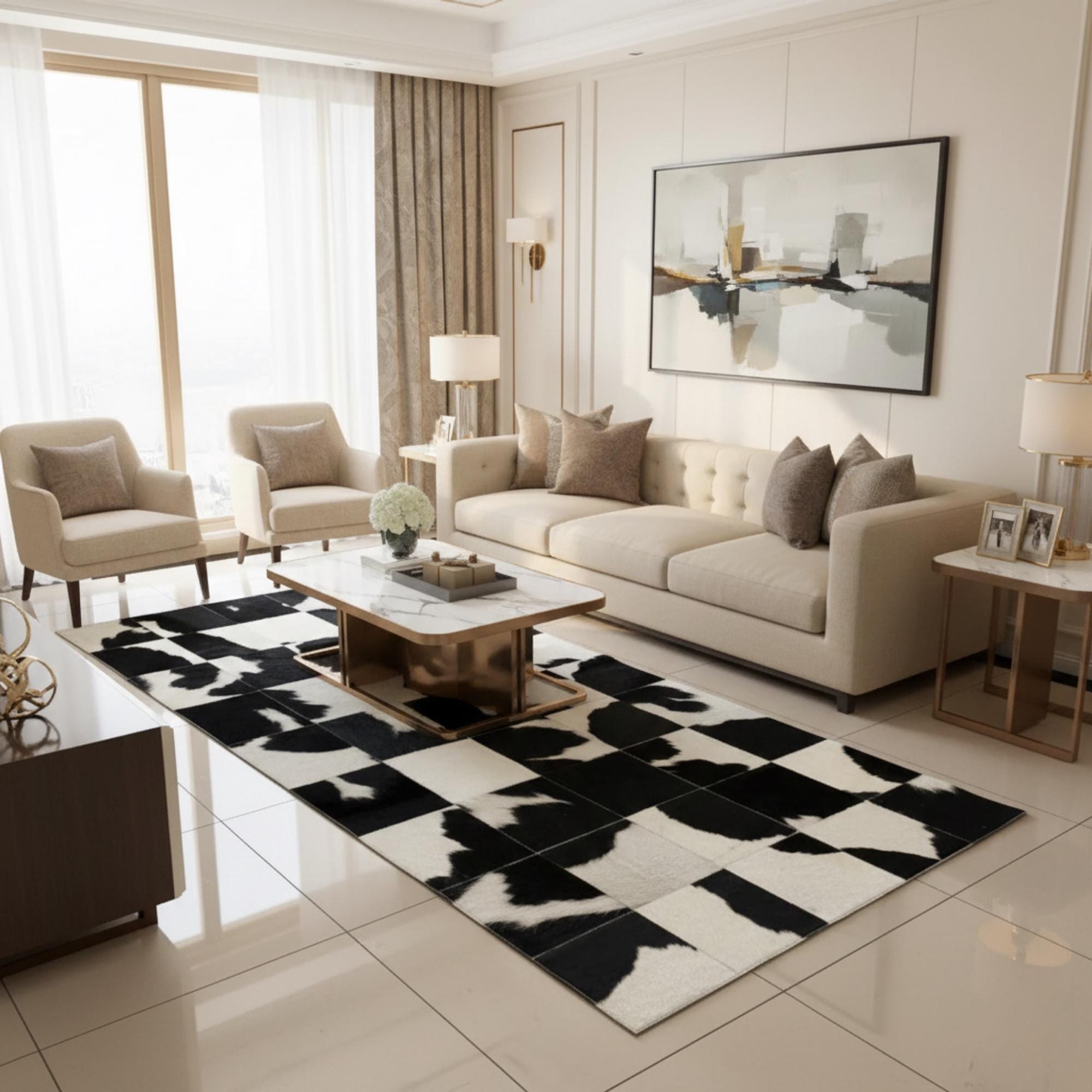 Black and White Cowhide Rug, Geometric Checkerboard Patchwork
