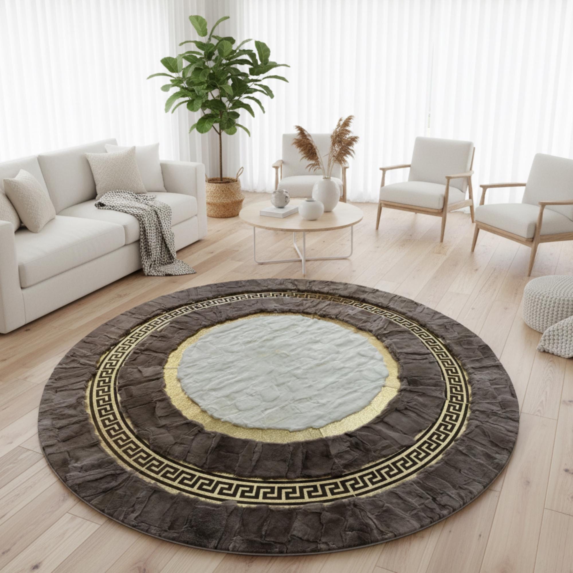Brown and White Rabbit Fur Round Rug, Luxury Gold Border Circle Rug,