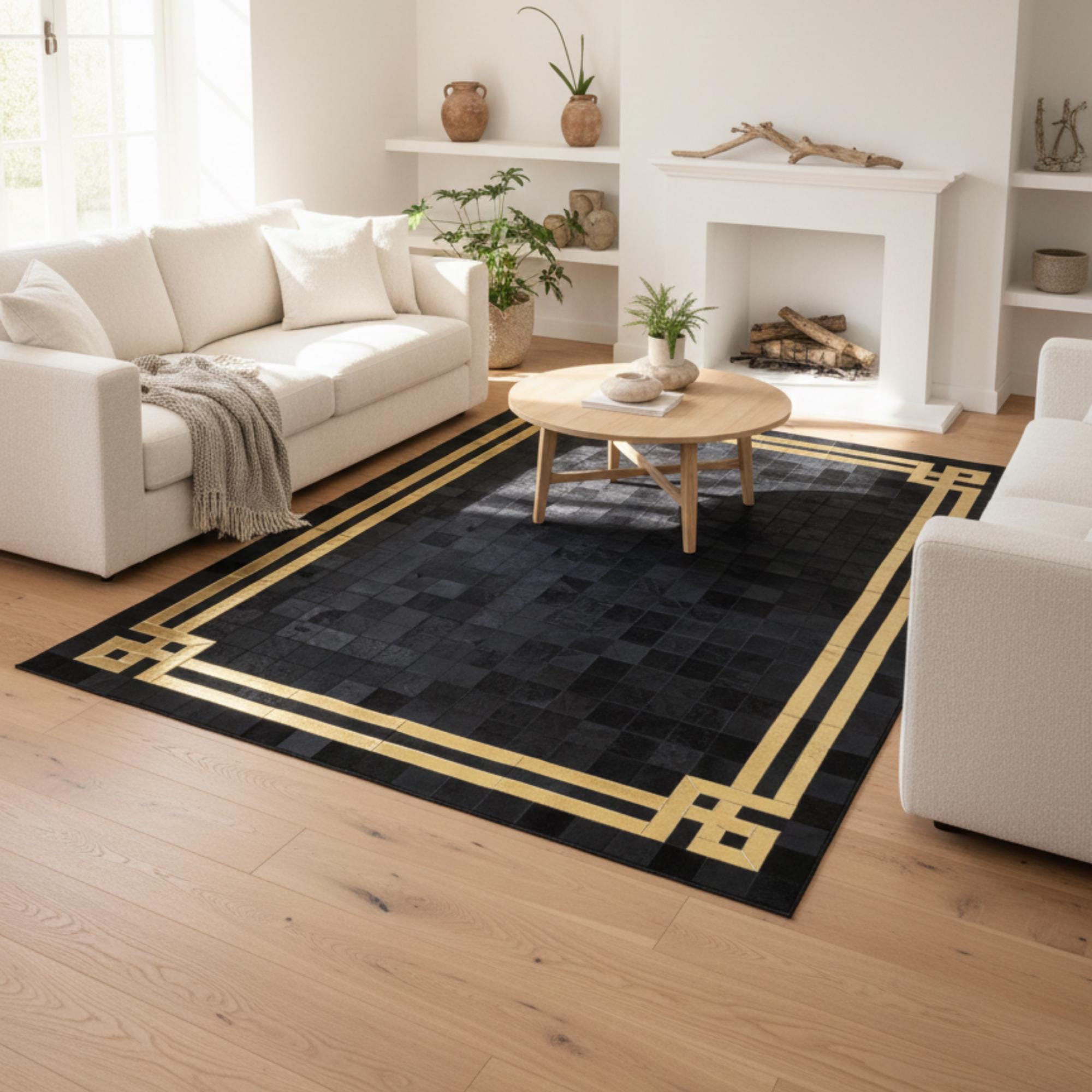 Black and Gold Cowhide Rug, Luxury Geometric Border Area Rug,