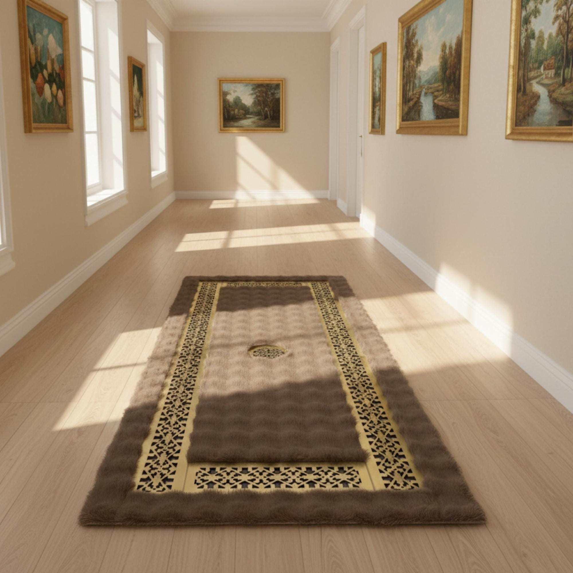 Brown and Gold Plush Rug, Luxury Geometric Border Area Rug, Faux Fur Carpet
