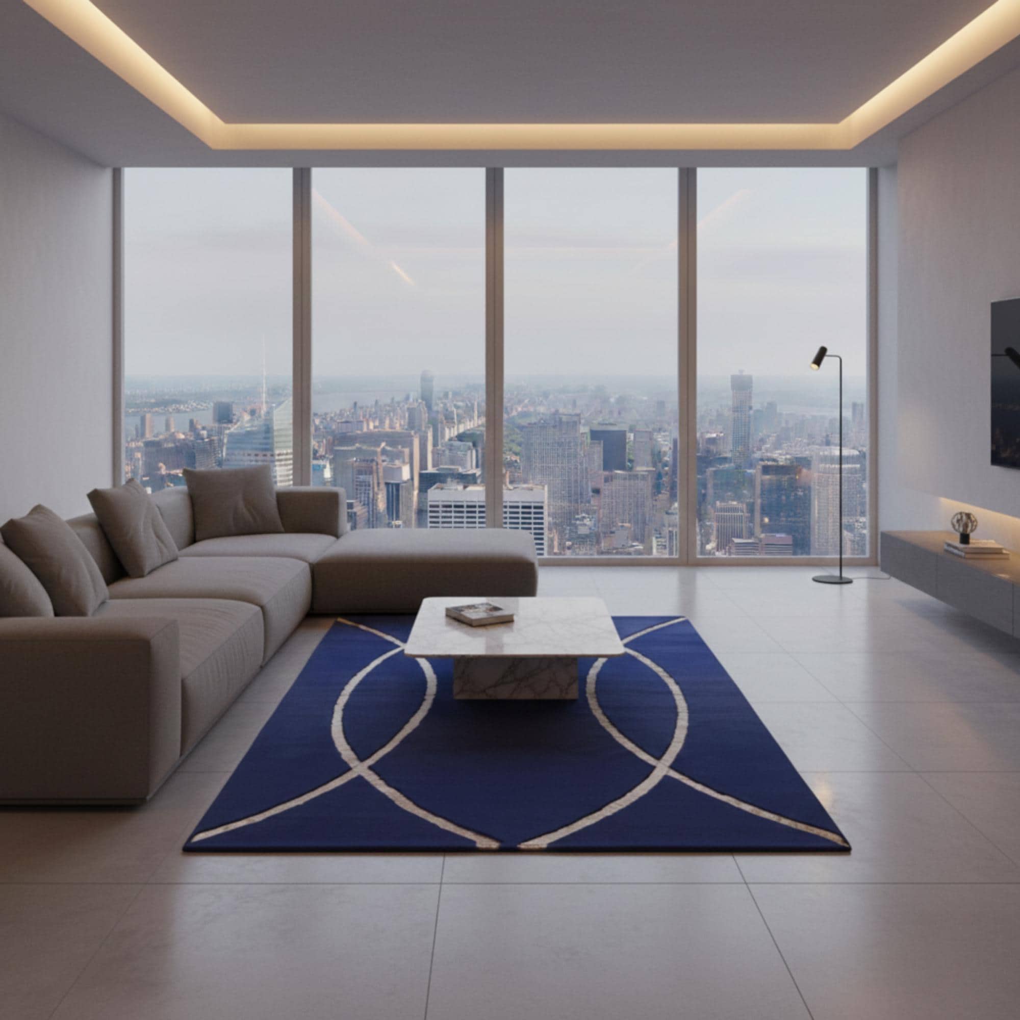 Dark Blue and Gold Plush Rug, Modern Geometric Area Rug,