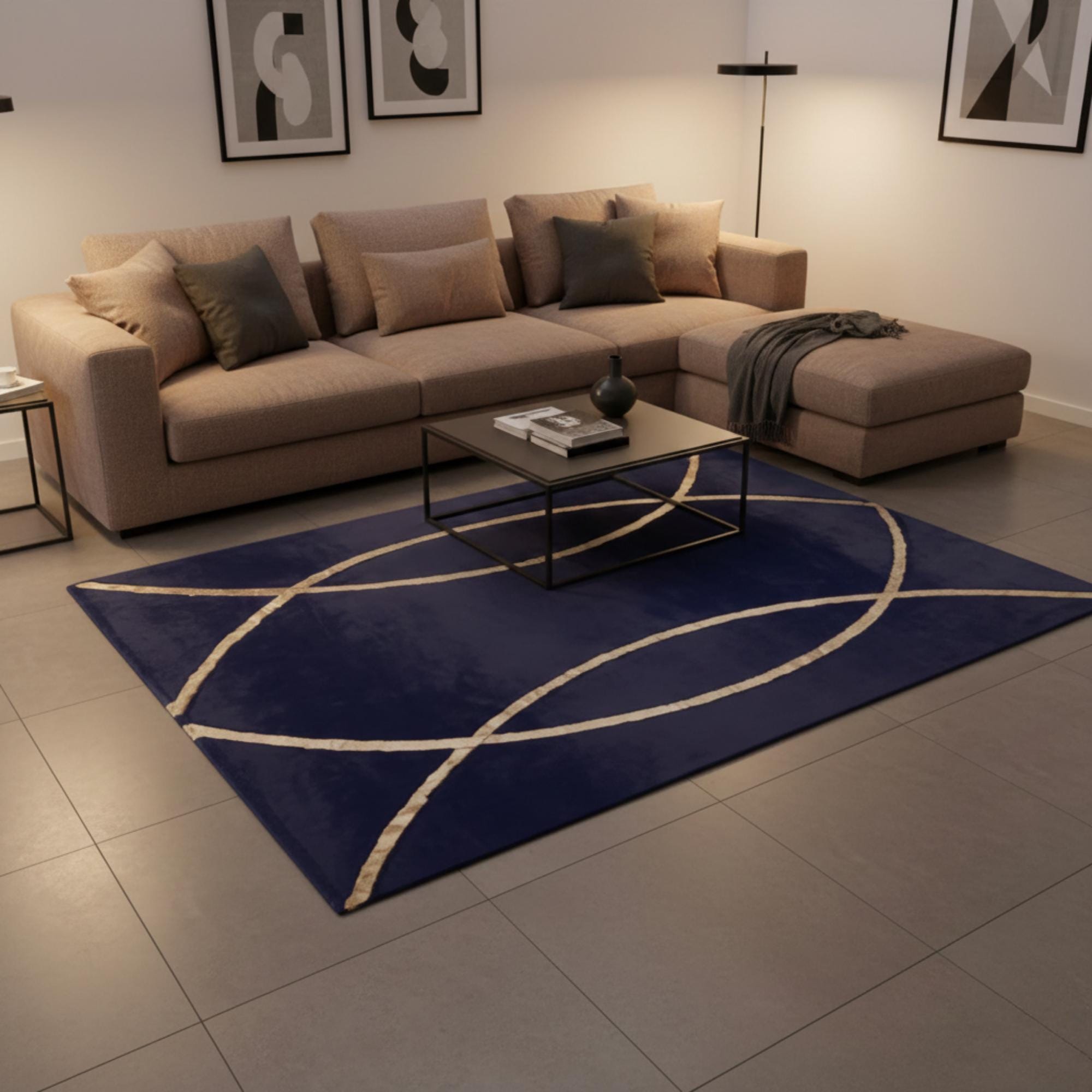 Dark Blue and Gold Plush Rug, Modern Geometric Area Rug,