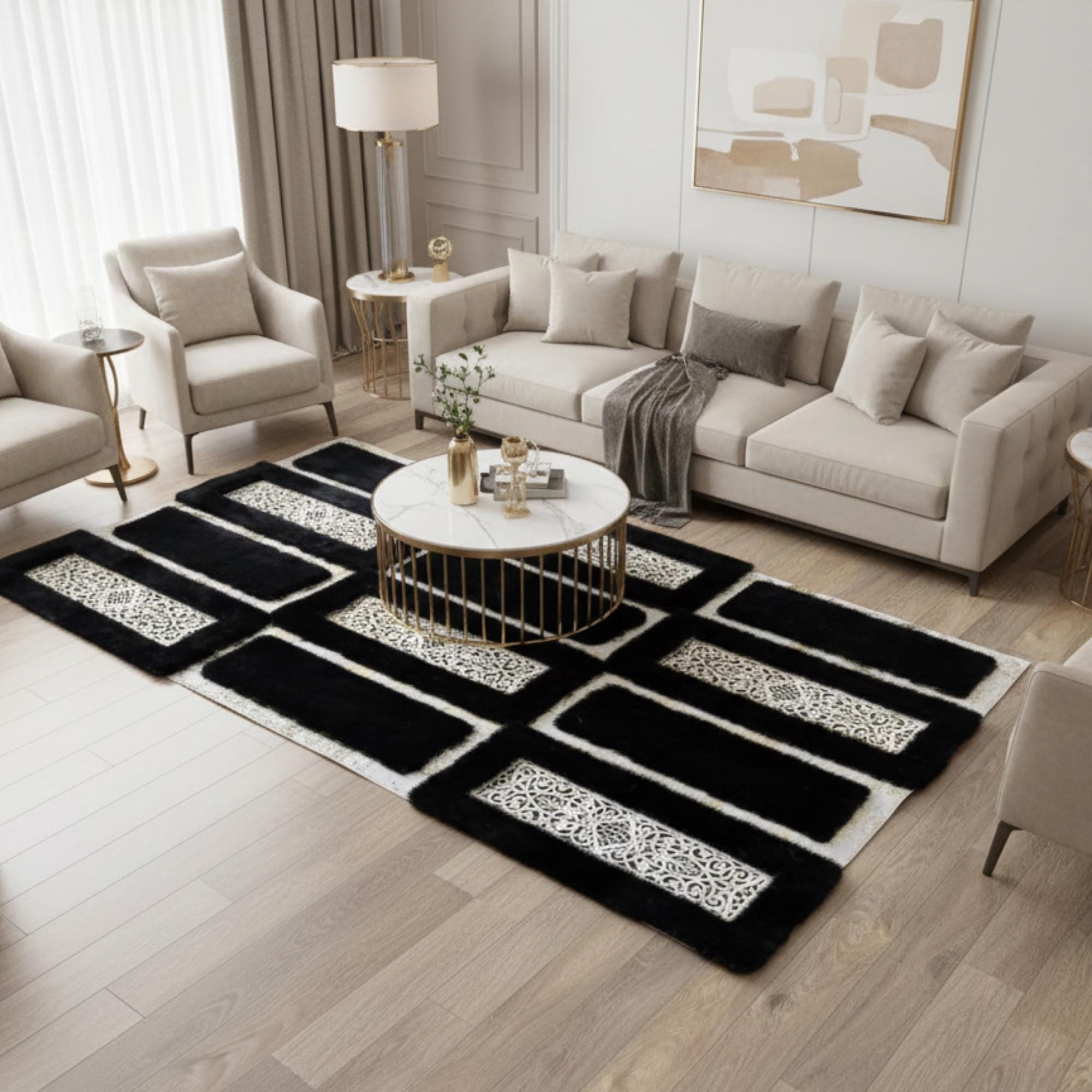White and Black Plush Rug with Gold Border, Area Rug, Luxury Geometric Fur Carpet
