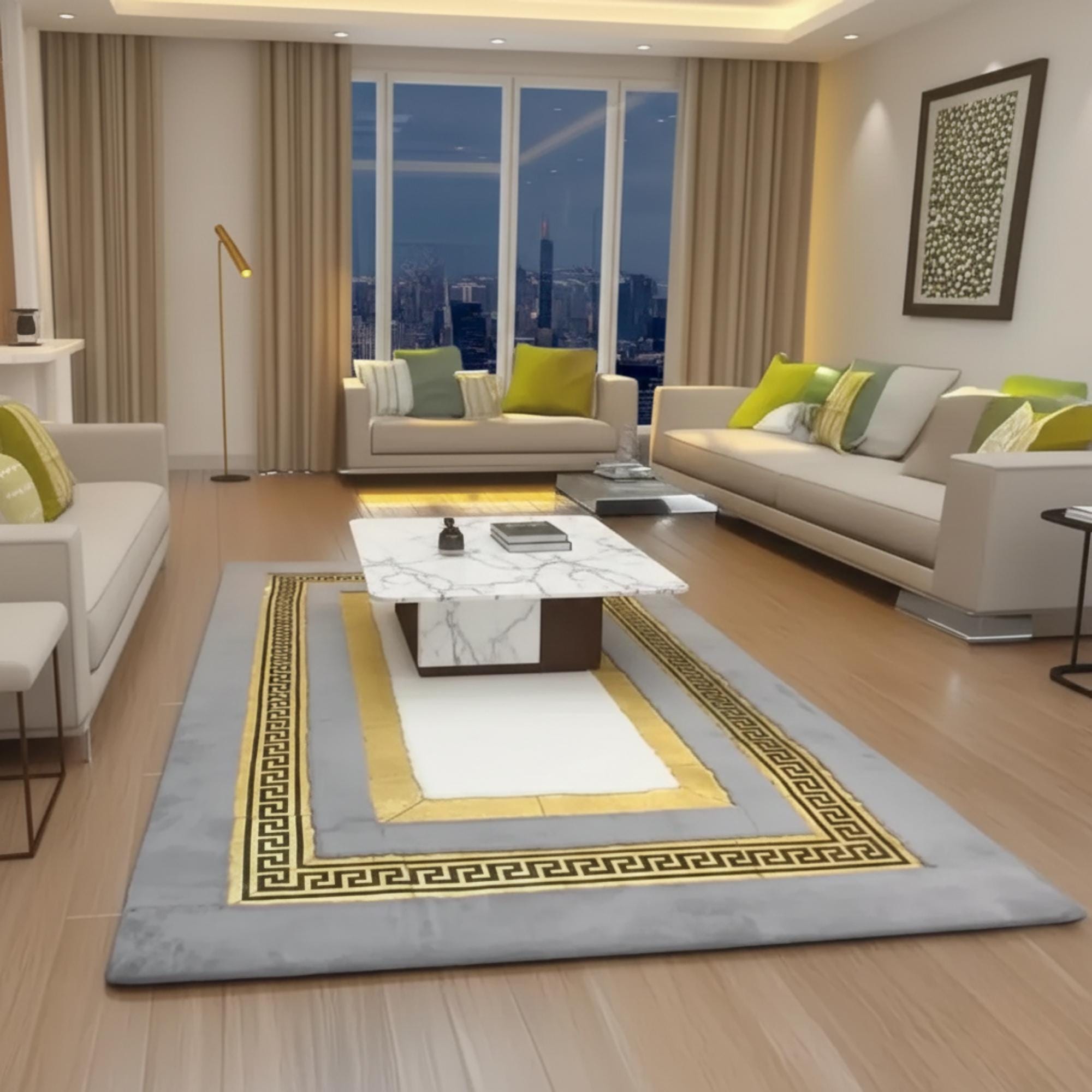 Gray and White Plush Rug with Gold Border,