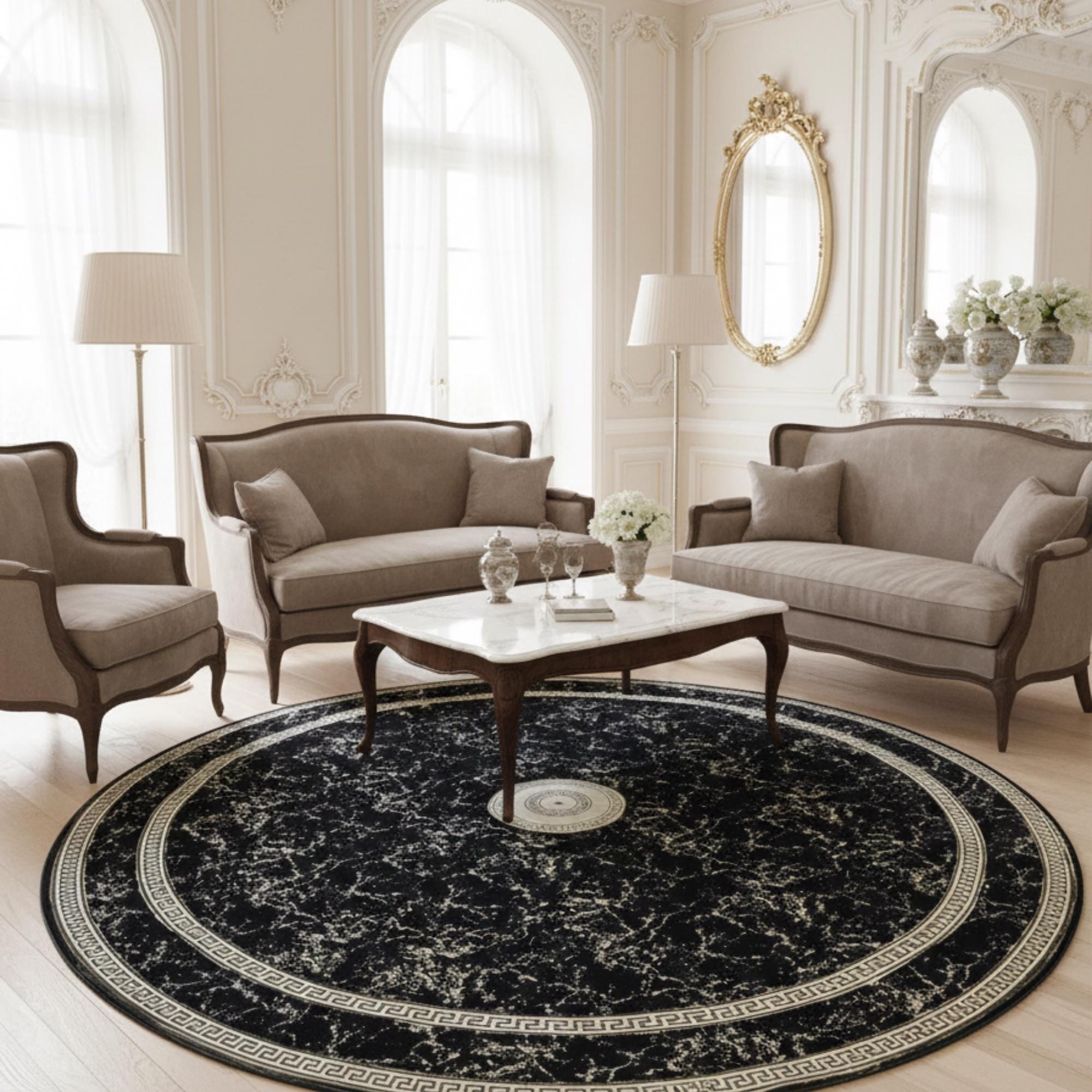 Black and Gold Round Plush Rug, Luxury Geometric Border Circle Carpet